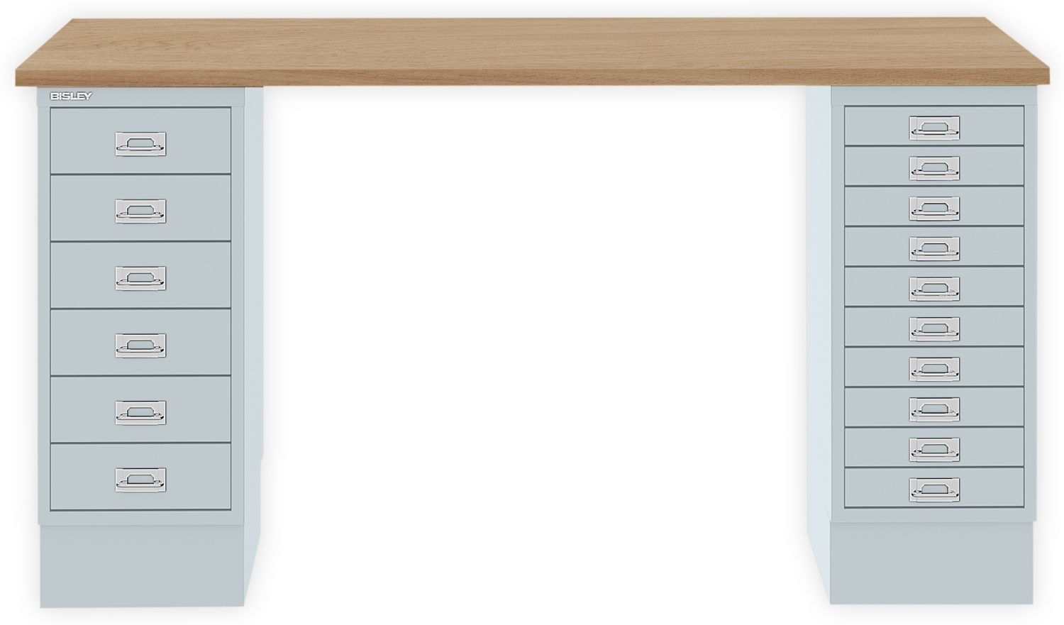 MultiDesk, 1 MultiDrawer mit 10 Schüben, 1 MultiDrawer mit 6 Schüben, Dekor natürliche Eiche, Farbe Lichtgrau, Maße: H 740 x B 1400 x T 600 mm Bild 1