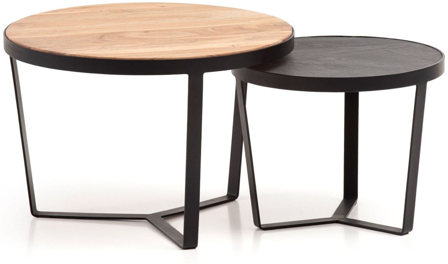 Couchtisch 2er Set Akazie Massivholz Rund Metallgestell Modern Braun Anthrazit Bild 1