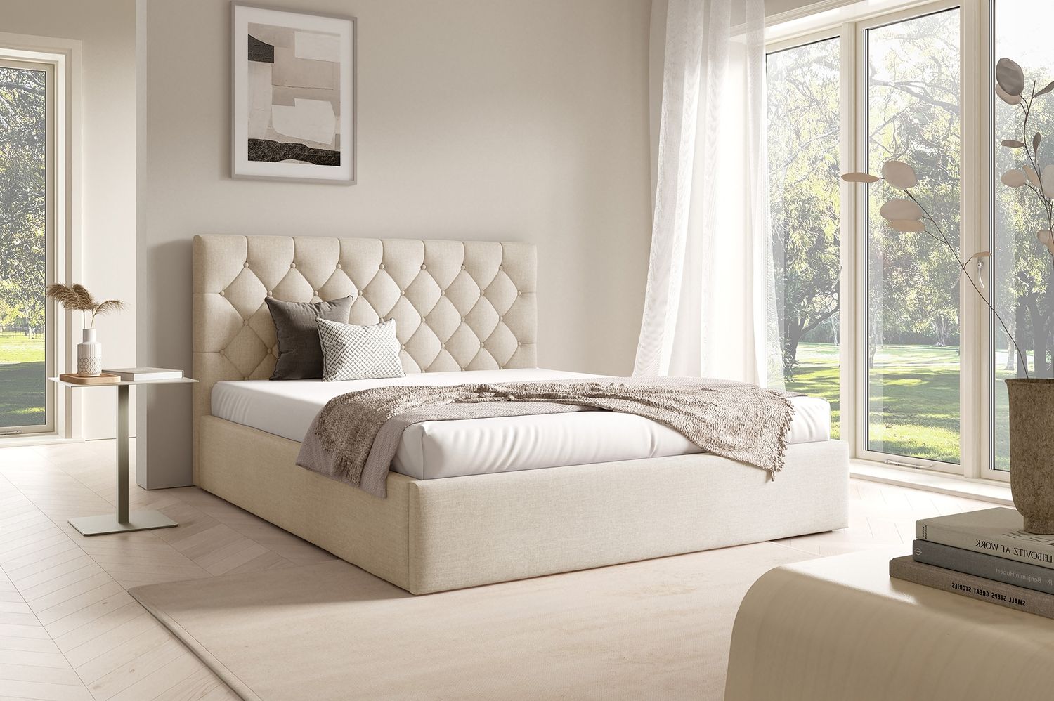 MEBLINI Polsterbett 180x200 mit Lattenrost und Matratze – BALEARO – Beige Samt – Doppelbett mit Bettkasten - Stauraumbett - Kopfteil Bett mit Stauraum Bild 1