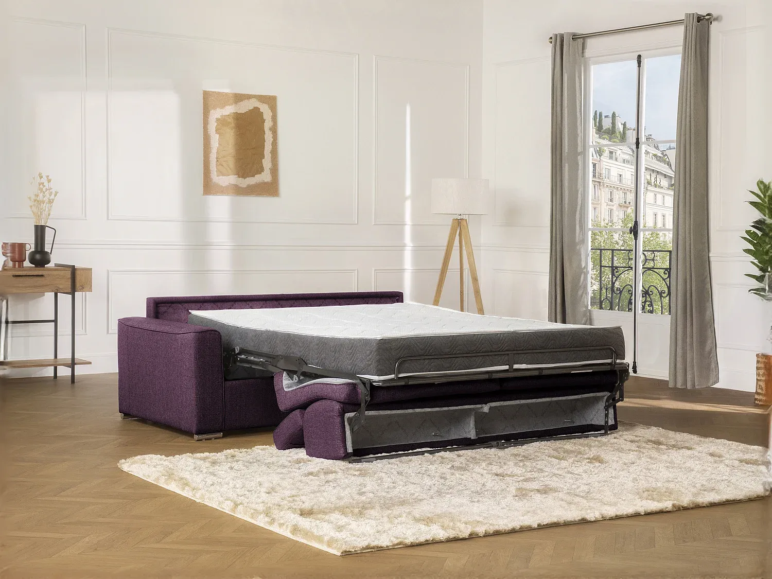 Schlafsofa 2-Sitzer Stoff VIZIR - Violett - Liegefläche: 120 cm - Matratzenhöhe: 18 cm mit Memory Schaum Bild 1