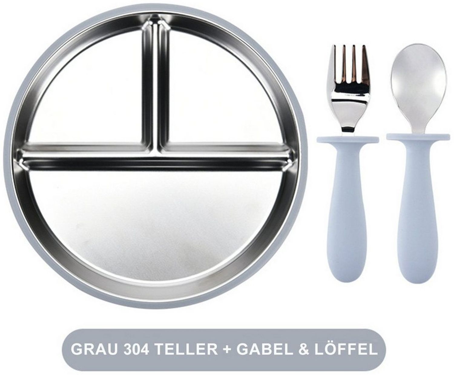 Mutig Kindergeschirr-Set 3 Stück Edelstahl Baby Teller mit Silikon Saugnapf mit Löffeln&Gabeln, 1 Personen, Spülmaschinenfest & BPA Frei mit Unterteilung,Für Kinder geeignet Bild 1