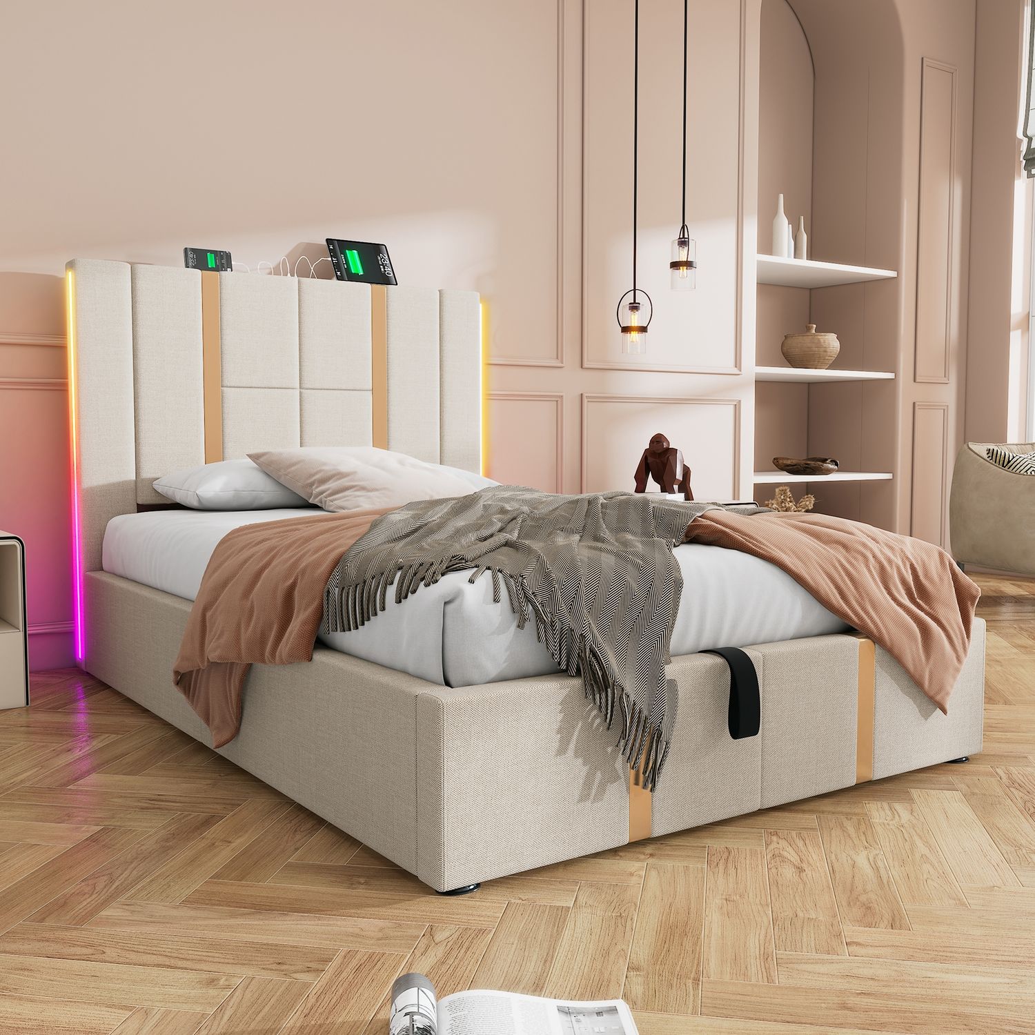 Polsterbett 90x200 cm mit LED, USB- und Typ-C-Ladefunktion, Stauraum, ohne Matratze Bild 1