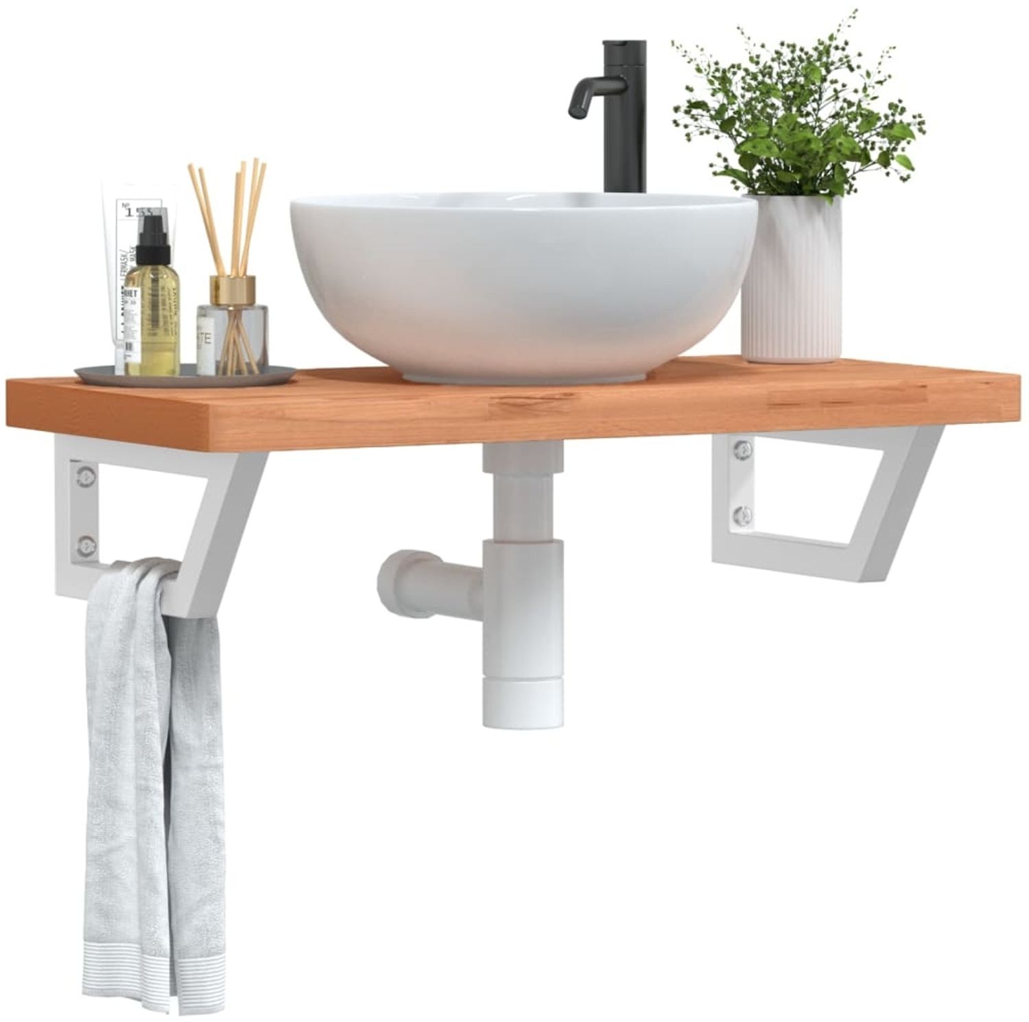 vidaXL Waschbeckenregal Wandmontage Stahl und Massivholz Buche 3302374 Bild 1