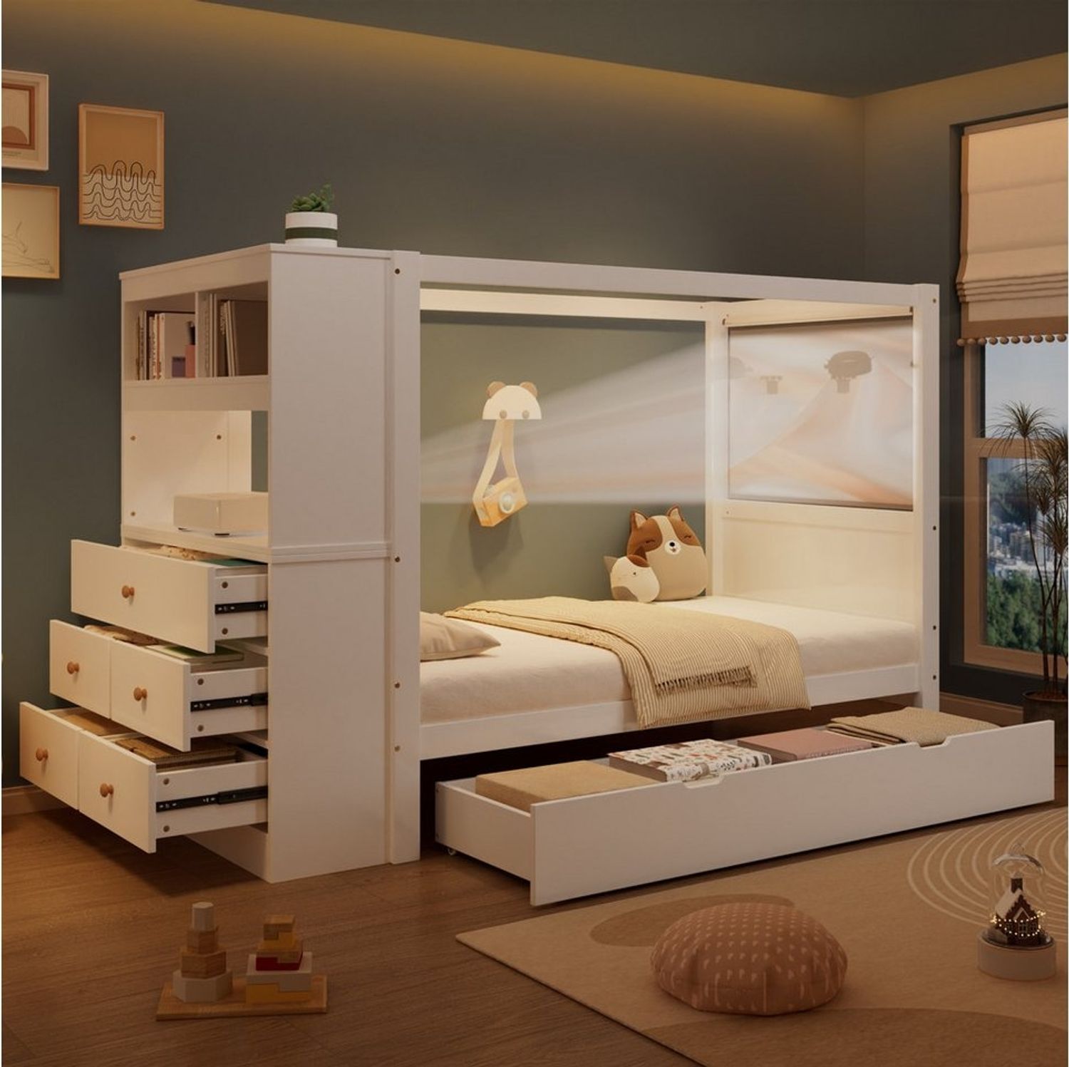 Merax Kinderbett 90x200cm mit Gitter und Lagerschrank (1-tlg, Einzelbett), Massivholz Jugendbett Hausbett mit 5 Schubladen & Unterbett-Schublade Bild 1