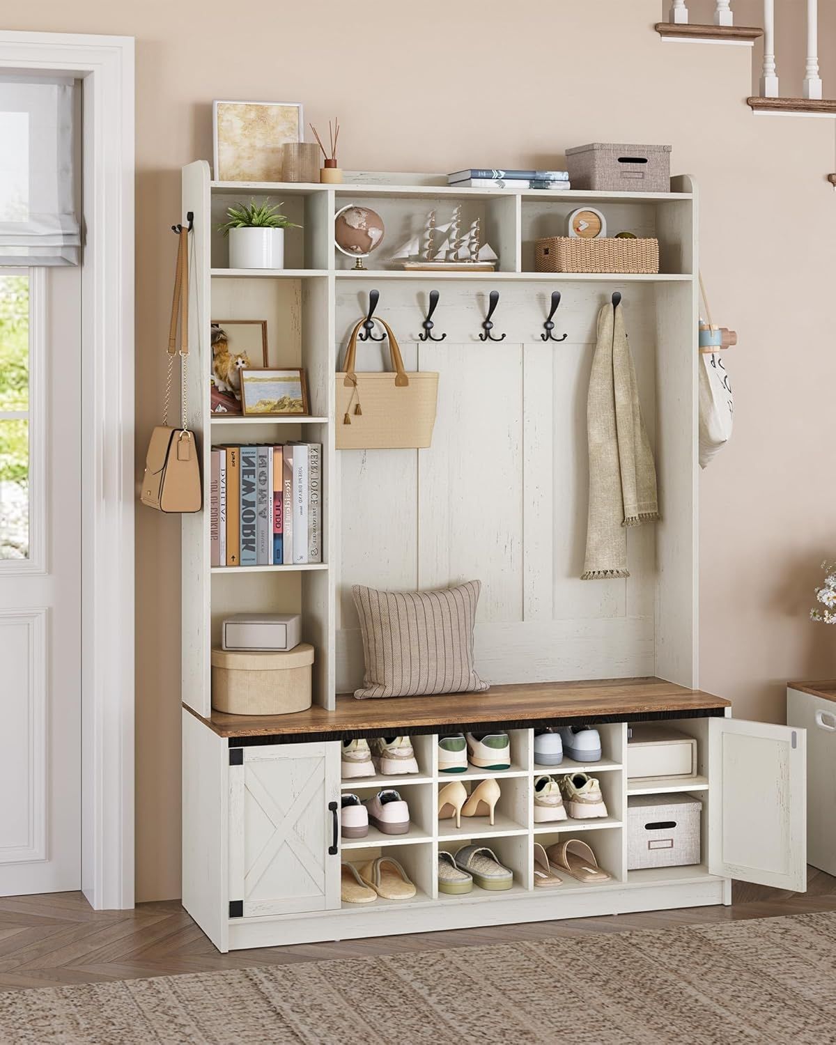 Garderobenständer mit Sitzbank, mit LED, Kleiderständer, Verstellbare Regalböden, 15 Offene Fächer, 7-Haken, für Eingangsbereich, Weiß-Braun, 35,5 x 140 x 191 cm Bild 1