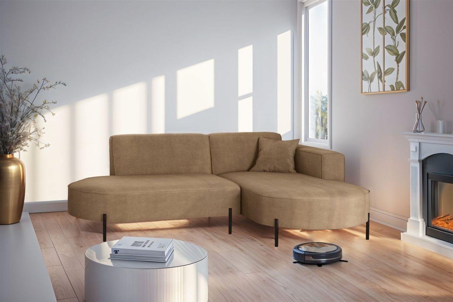 Ecksofa Designersofa VALENCIA XS in Stoff Noel Braun Ottomane Rechts Bild 1