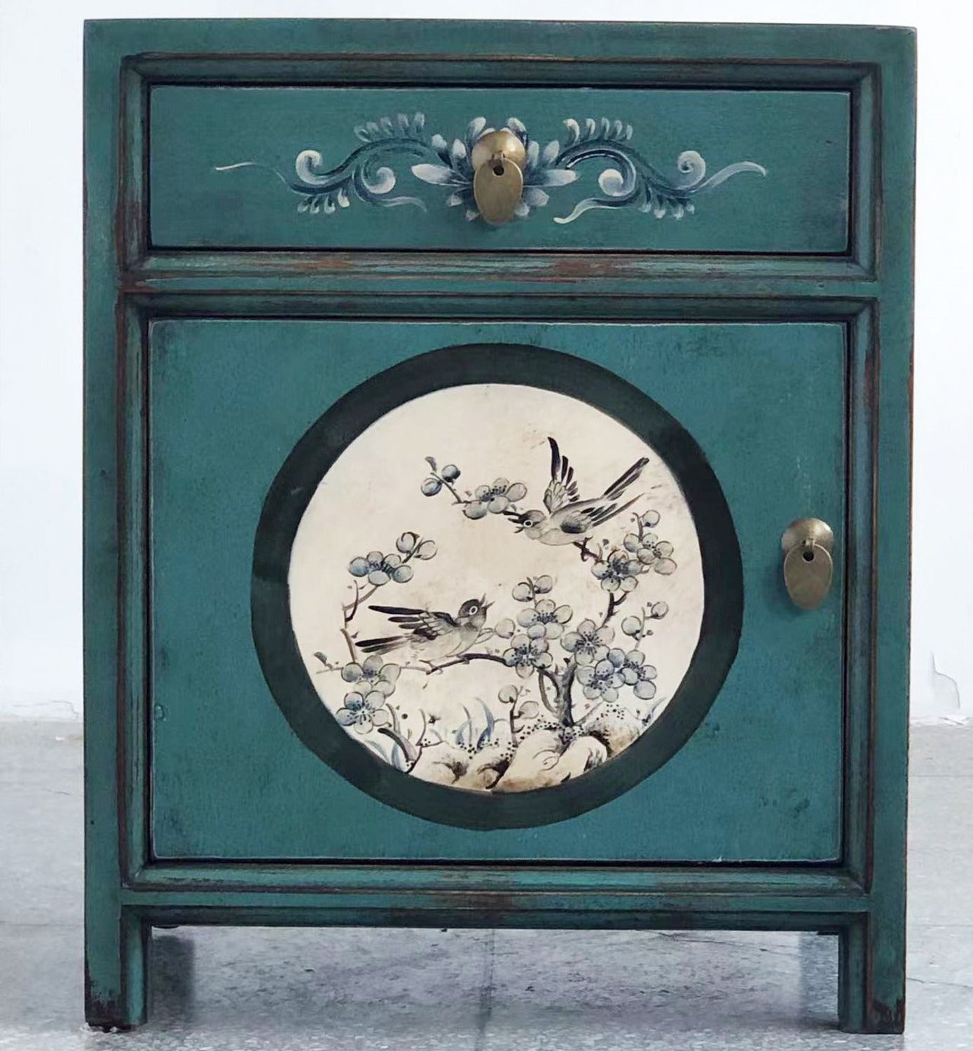 Nachttisch Vintage Grün Beige verziert Kommode Kästchen chinesisch Asien Exotisch Kolonial-Stil Antik-Stil Lowboard orientalisch Fernost shabby-chic Landhaus Bild 1