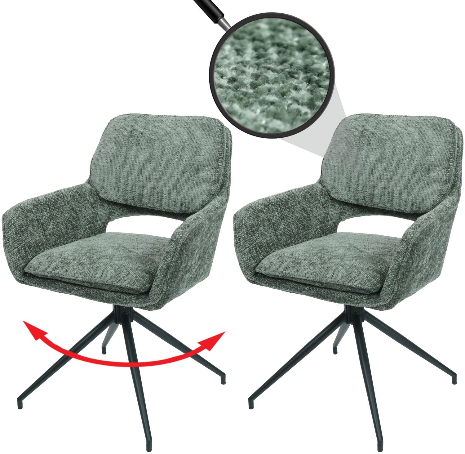 2er-Set Esszimmerstuhl HWC-N74, Küchenstuhl, drehbar Auto-Return, Stoff Chenille (490g/m²) Öko-Tex ~ grün Bild 1