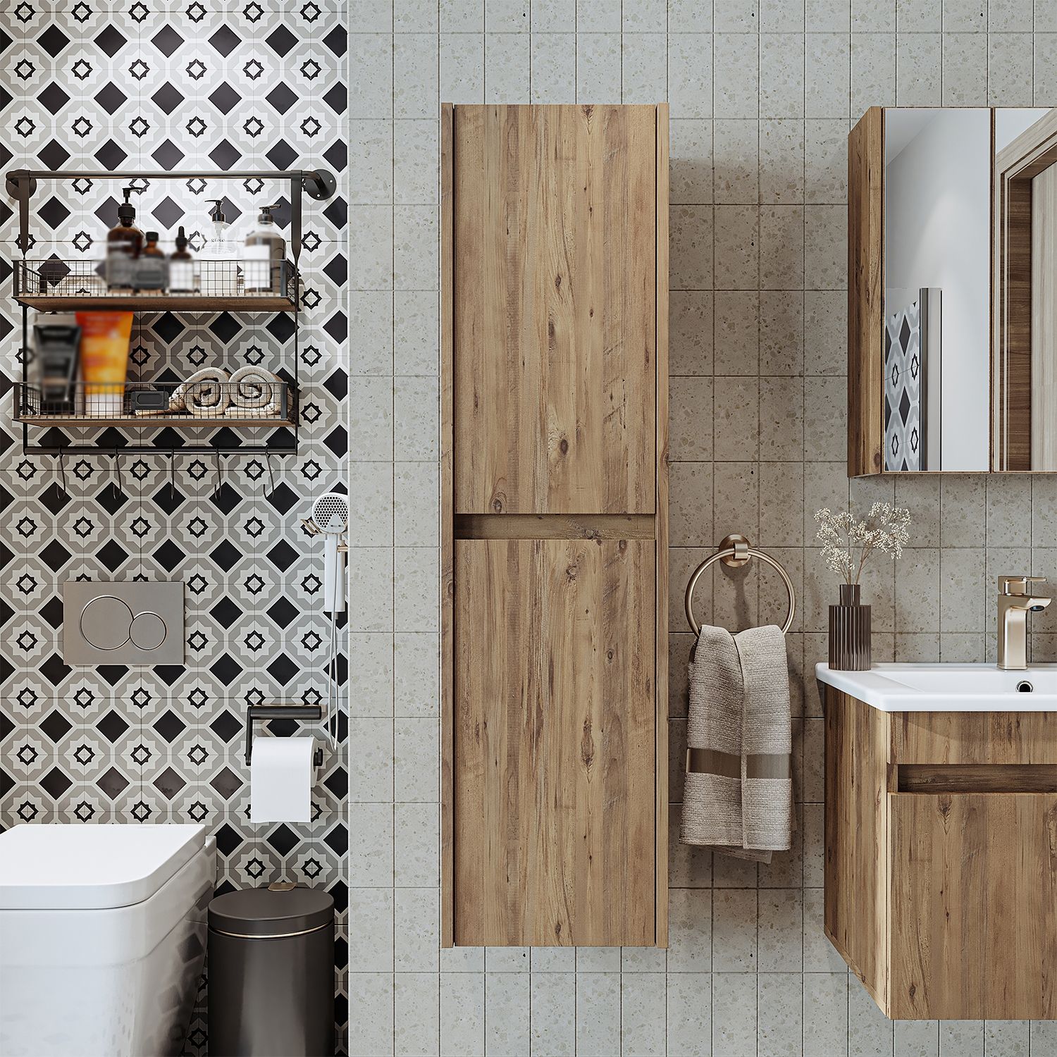 Roomart ATLANTIC-100 Badmöbel - nur Hochschrank - H 115 x B 30 x T 35 cm • Eiche Bild 1