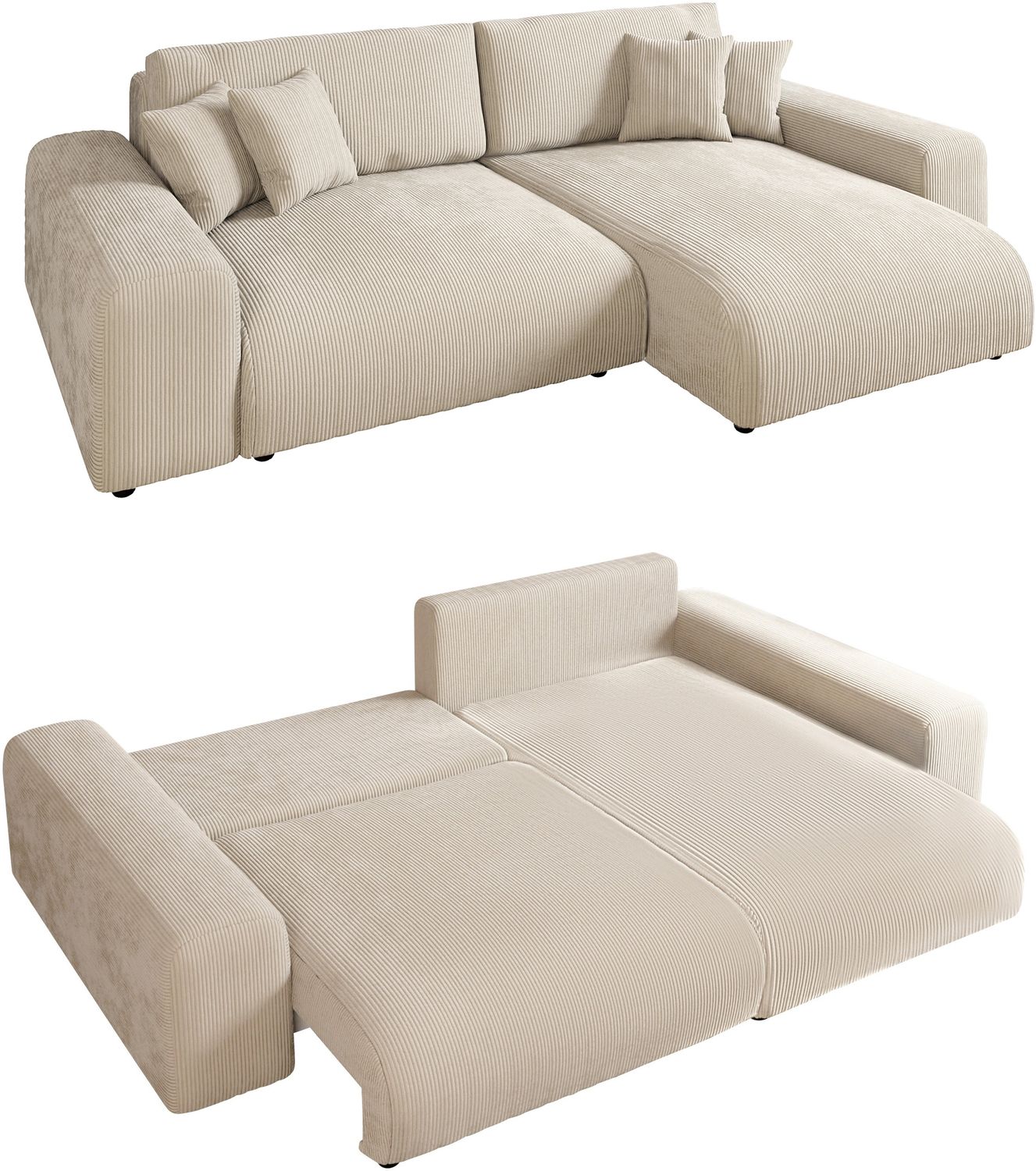 Ecksofa Schlaffunktion ausziehbar Bettkasten Polsterecke L-Couch in Cord Beige Bild 1
