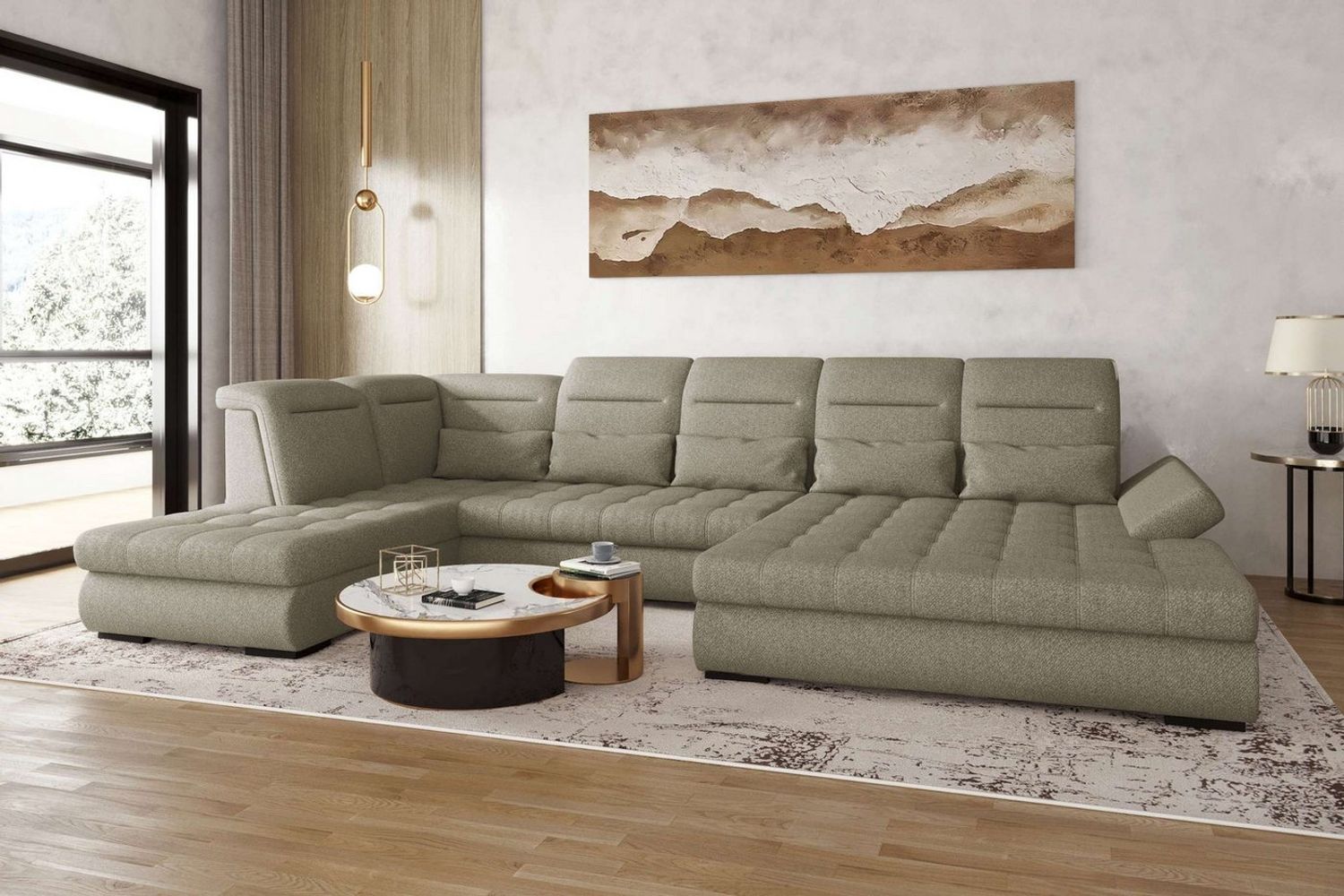 99rooms Toscana Wohnlandschaft Strukturstoff NEVE Hellbraun Rechts mit Schlaffunktion Bild 1