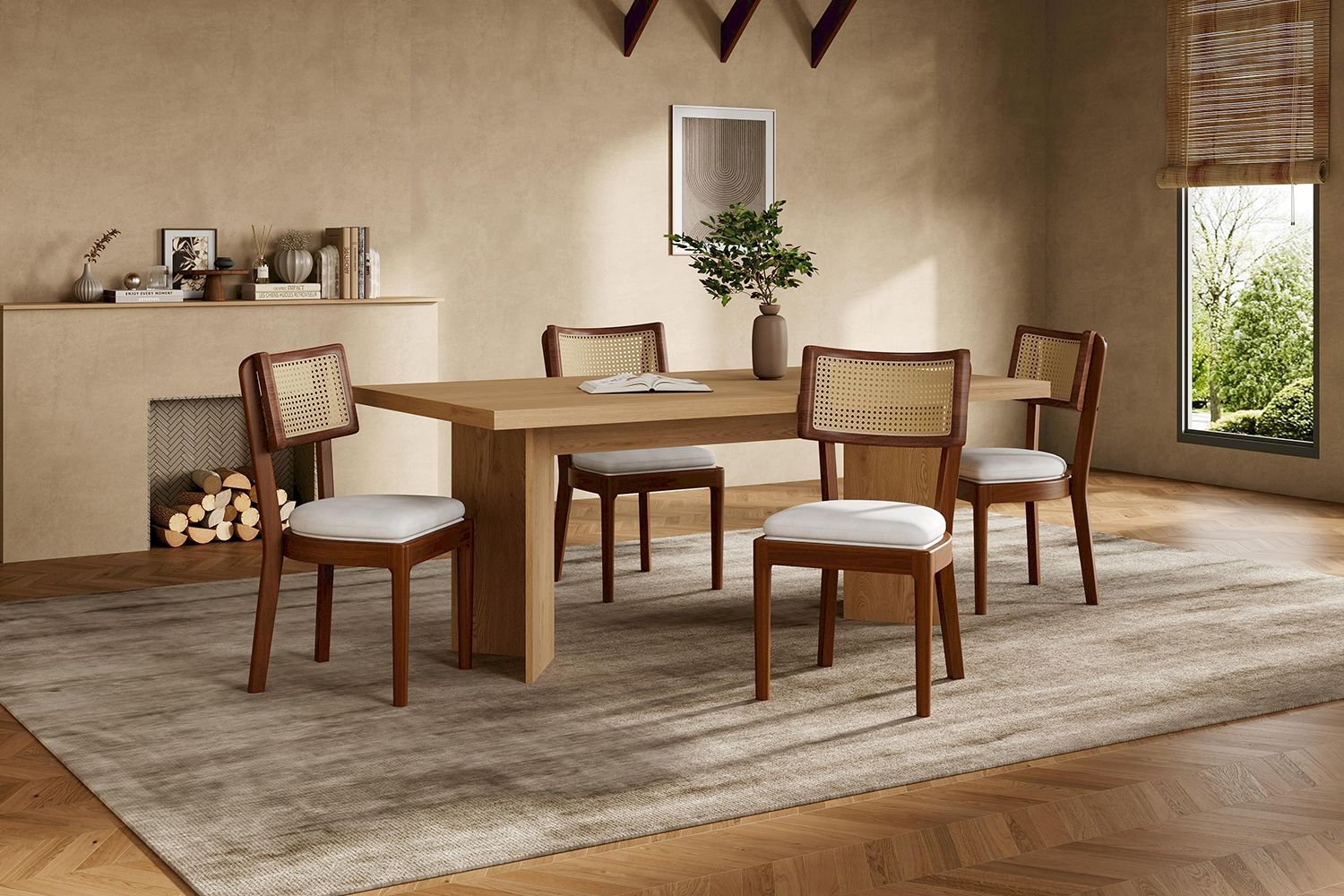 2er Set Esszimmerstühle H 88 x T 58 x B 50 cm aus Massivholz mit Rattan-Rücken & Leinenkissen, Walnuss Bild 1