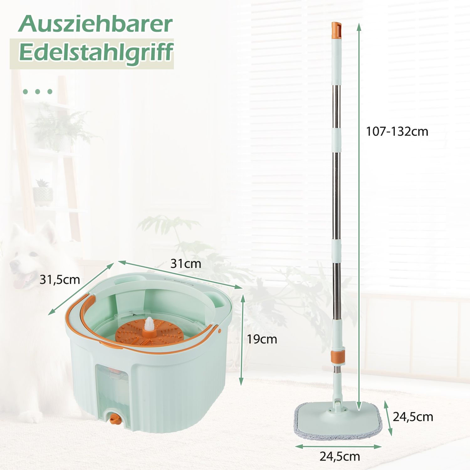 Wischmopp und Eimersystem mit Auswringfunktion & Abwassertrennung & 360° Drehmoppkopf Grün Bild 1