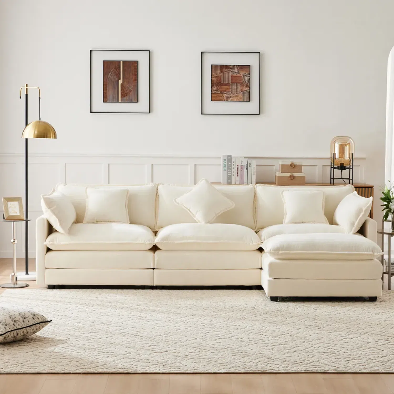 Ecksofa mit Hocker, Zier- und Armlehnenkissen, L-Form, Chenille, Wohnzimmersofa Bild 1