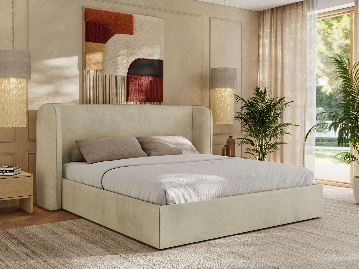 Polsterbett Bett mit Holzlattenrost Schlafzimmer Bett Doppelbett gepolstertes Kopfteil Pocket Matratze - EMORA CLASSIC - 200x200 cm - Beige Velvet - VIRE LUX Bild 1