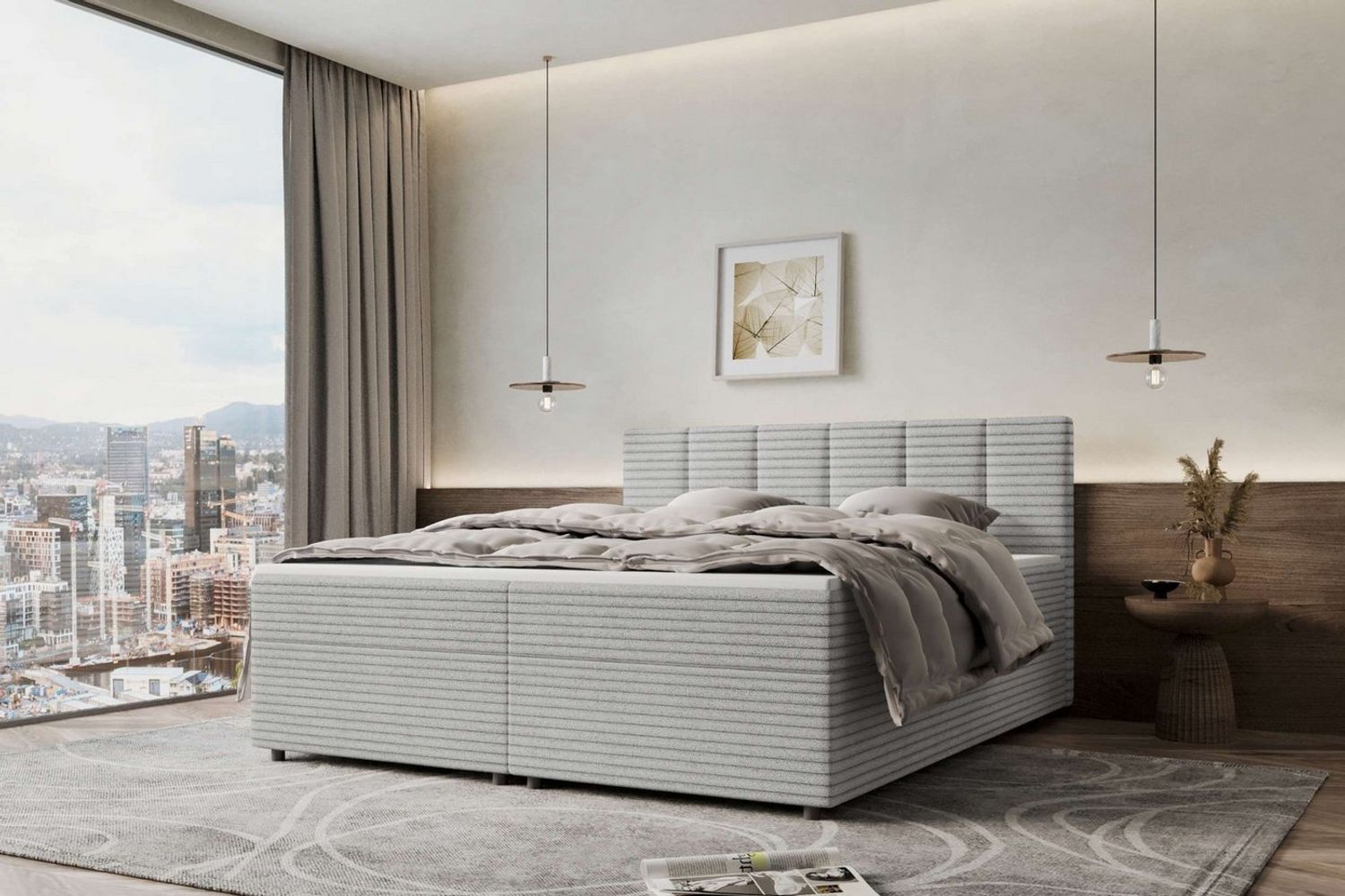 99rooms Bergamo Boxspringbett Cordstoff AMBIENCE Hellgrau 160x200 cm Schaum Topper 3,5 cm Bild 1