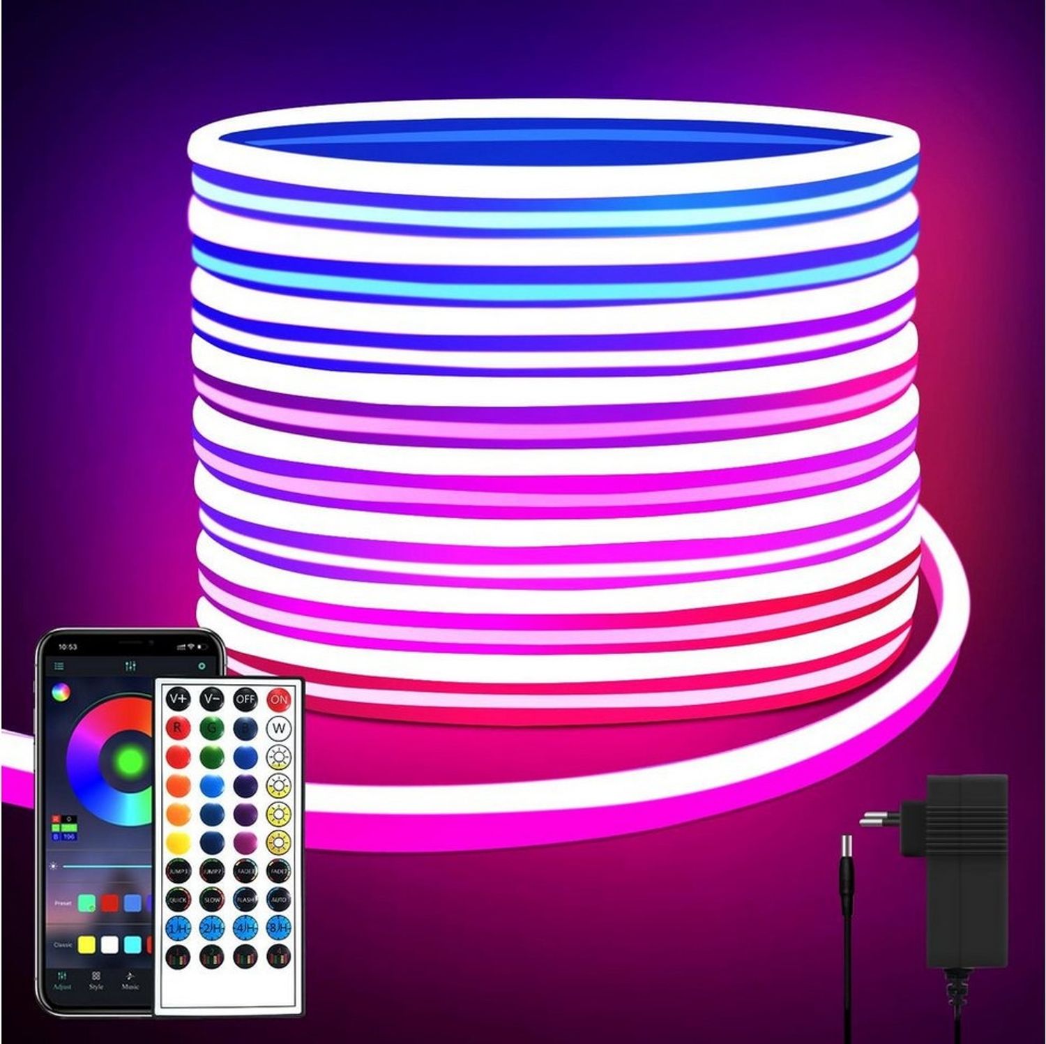 TUWENA LED Stripe 10m Neon, mit Fernbedienung, Wasserdichte Flexible, RGB Seil Lampe, Anwendbar auf Schlafzimmer, Raum und Außendekoration Bild 1