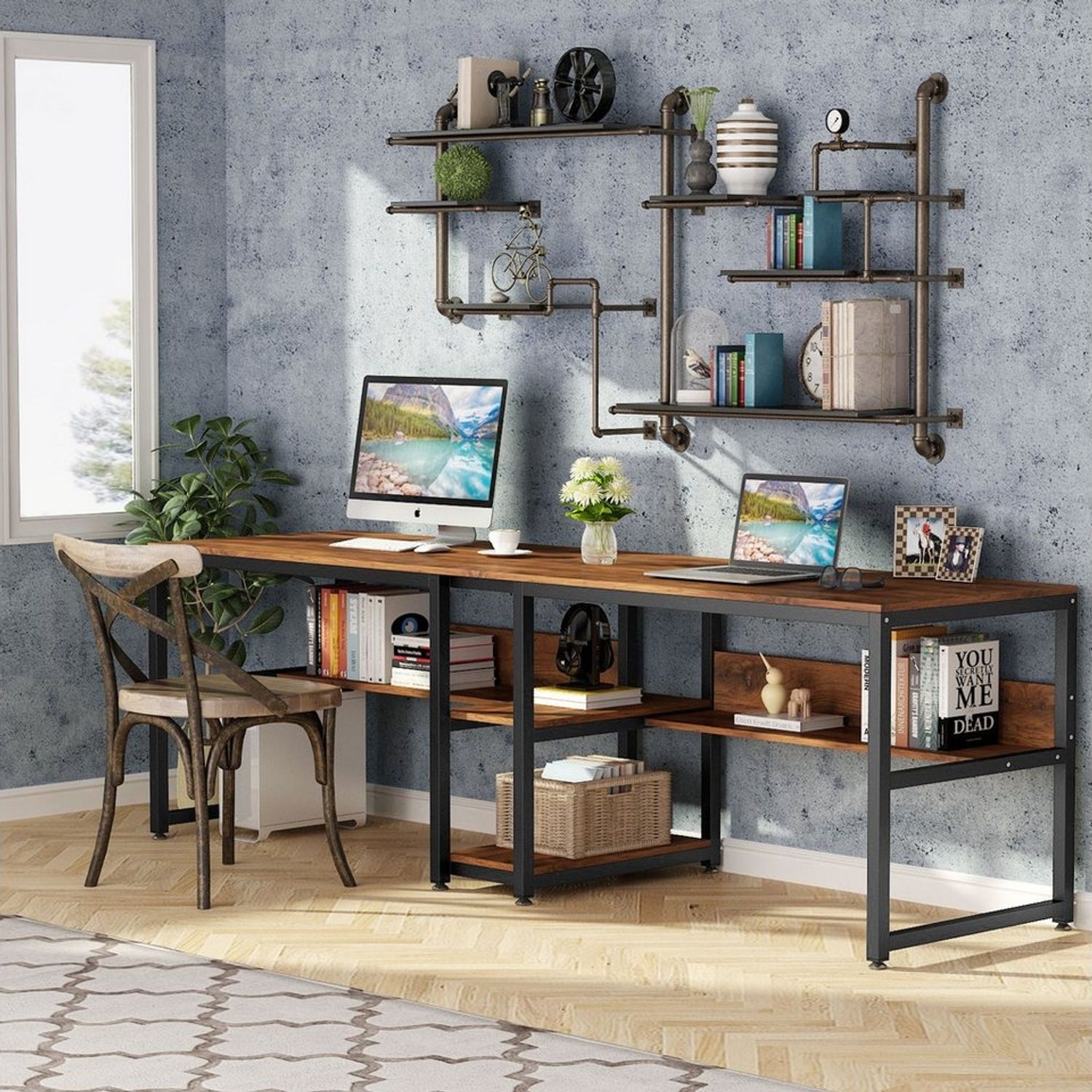 Tribesigns Doppelschreibtisch Schreibtisch, Computertisch mit Regalen, 200 cm Bürotisch Bild 1