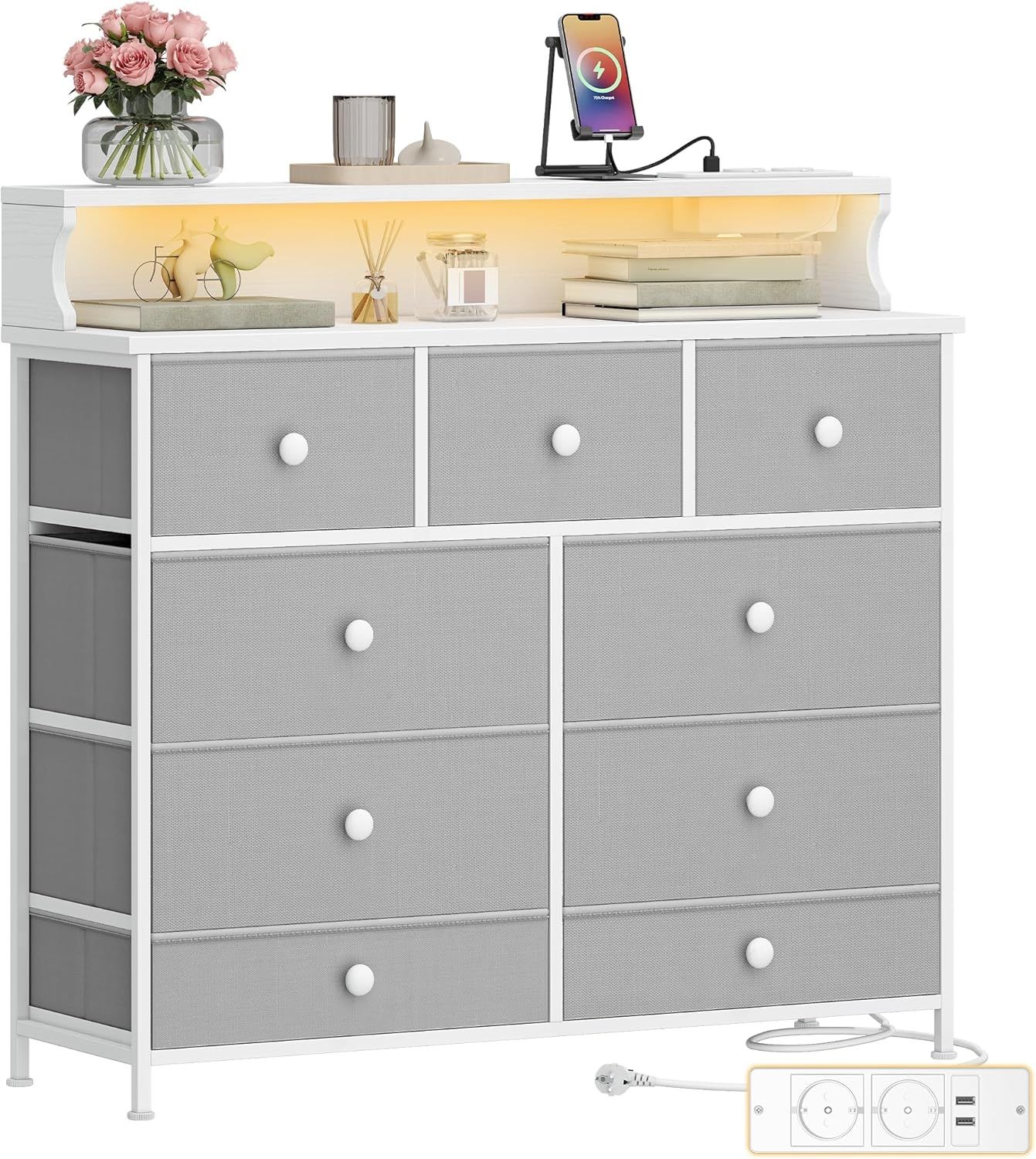 Hzuaneri Kommode, 2 USB & 2 AC-Anschlüssen, 9 Schubladen, LED-Lichtleiste, Stahl/Holz/Vlies Weiß-Grau, 30 x 100 x 95 cm Bild 1