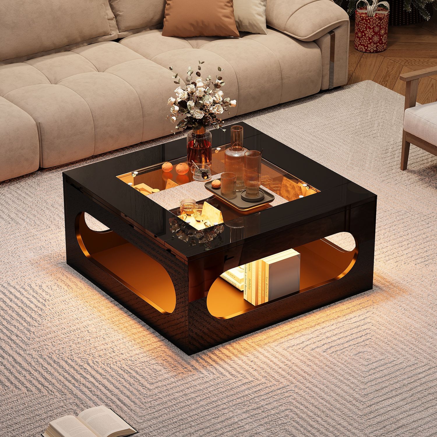 Couchtisch 70 x 70 x 35 cm, quadratisch, mit gehärteter Glasplatte, LED-Beleuchtung und Stauraum, Schwarz, MDF Bild 1