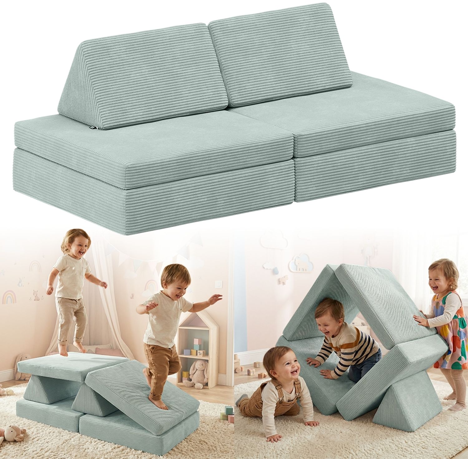 Bellabino 'Nile' Spielsofa mini, 4-tlg, Cord, türkis, faltbare Kindercouch, abnehmbarer & waschbarer Bezug, Kleinkindsofa aus Schaumstoff, bis 6 Jahre Bild 1