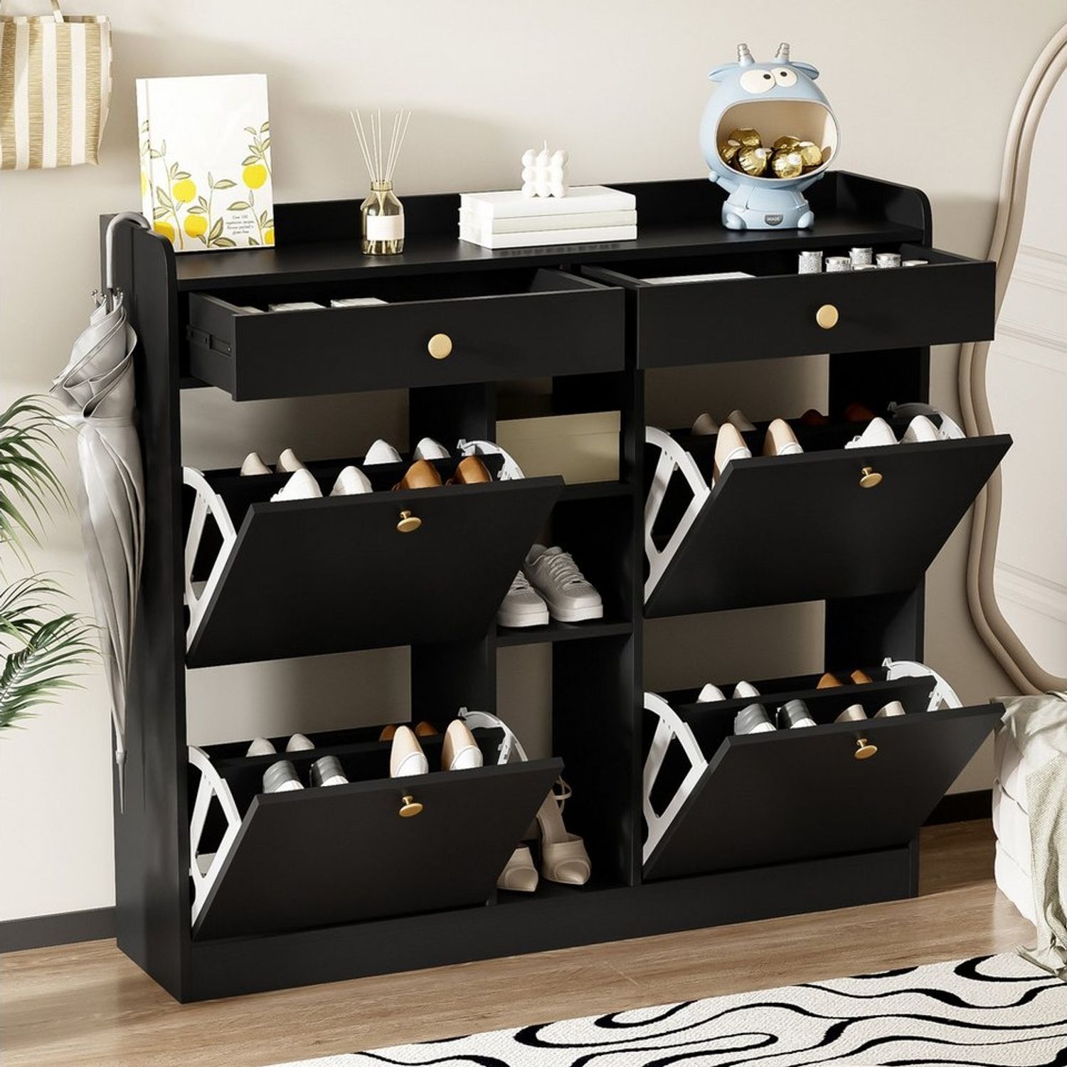 Flieks Schuhschrank mit 4 Klappen, 2 Schubladen und 3 offenen Fächern (1-St) Schuhkommode Schuhregal Schuhkipper Schwarz, B110/T26/H100 cm Bild 1