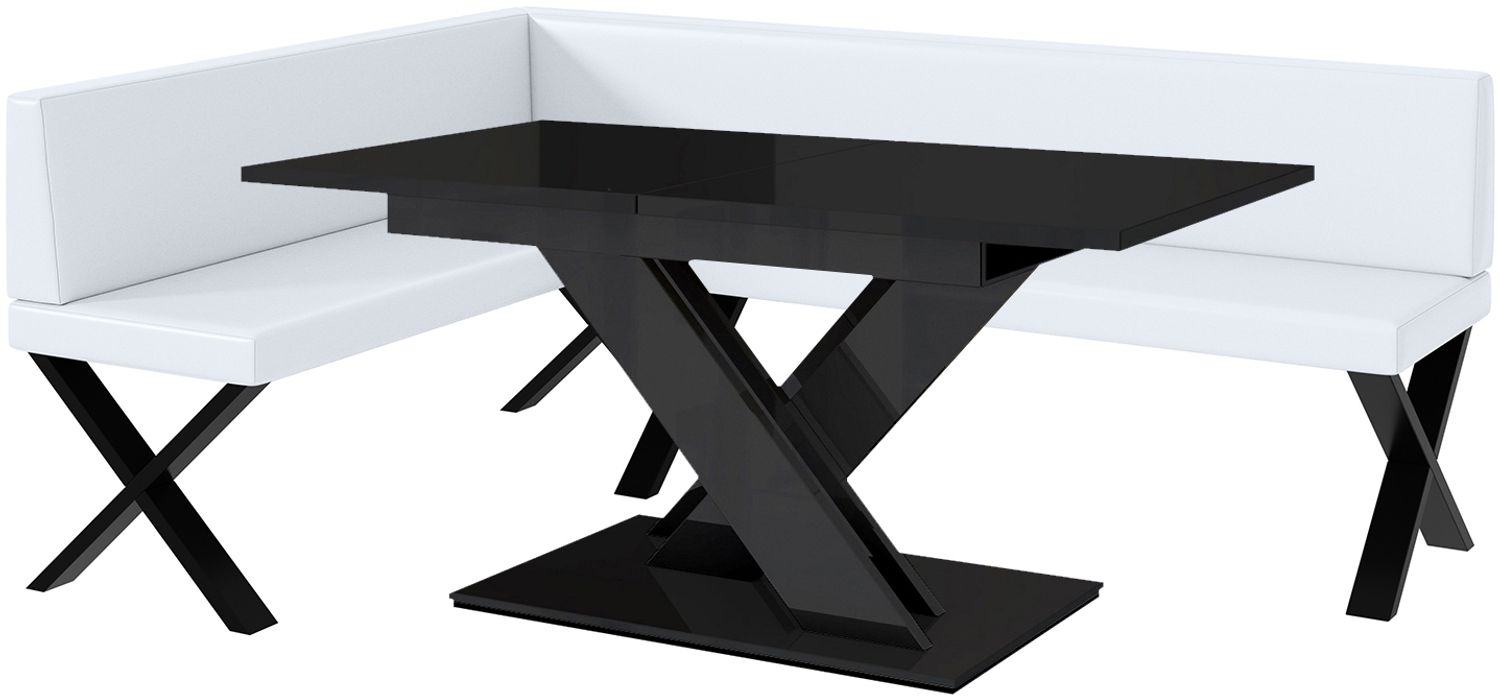 MEBLINI Eckbank für Esszimmer mit ausziehbarem Tisch - Küchenbank - Essecke - Sitzecke Küche - TONI - X-Beine 142x196x87cm Links - Weiß Kunstleder/B Schwarz Hochgl. Bild 1