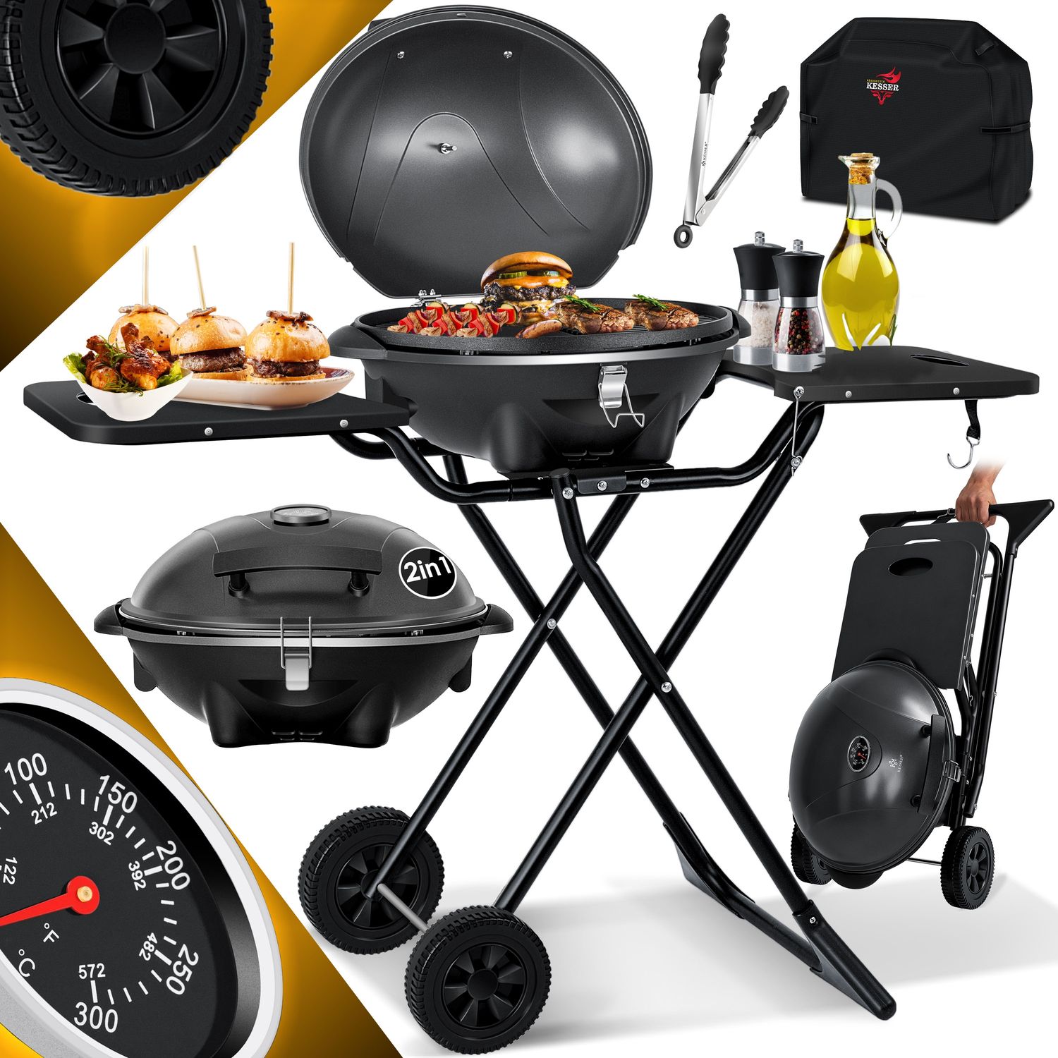 KESSER® 2in1 Elektrogrill mit Deckel und Standfuß, faltbar, mit Thermometer und 2 Räder, Aluminium schwarz, Set Bild 1