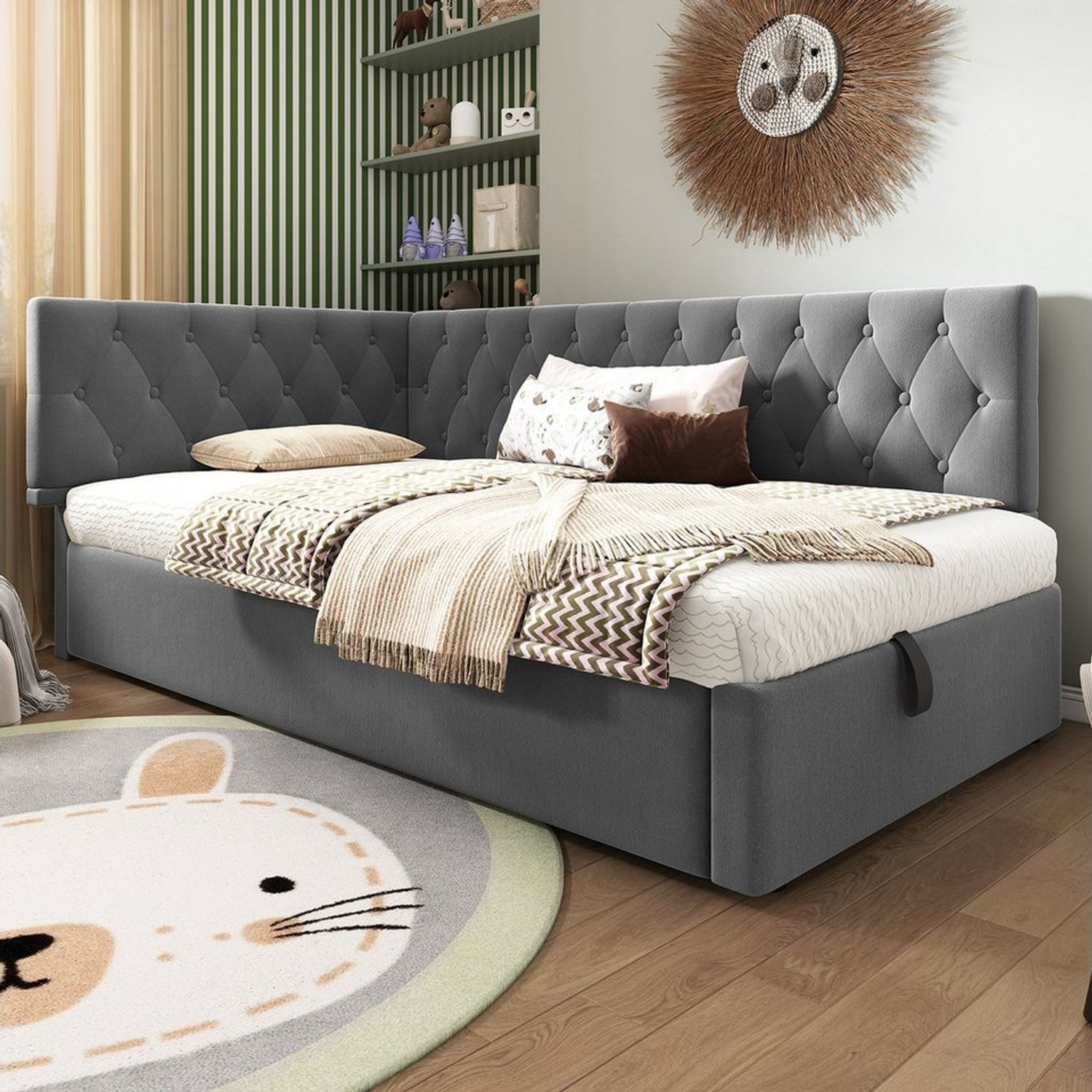 TavilaEcon Boxspringbett Polsterbett, Tagesbett, Schlafsofa mit hydraulischem Stauraum, mit Lattenrost aus Holz, ohne Matratze, 90×200cm Bild 1