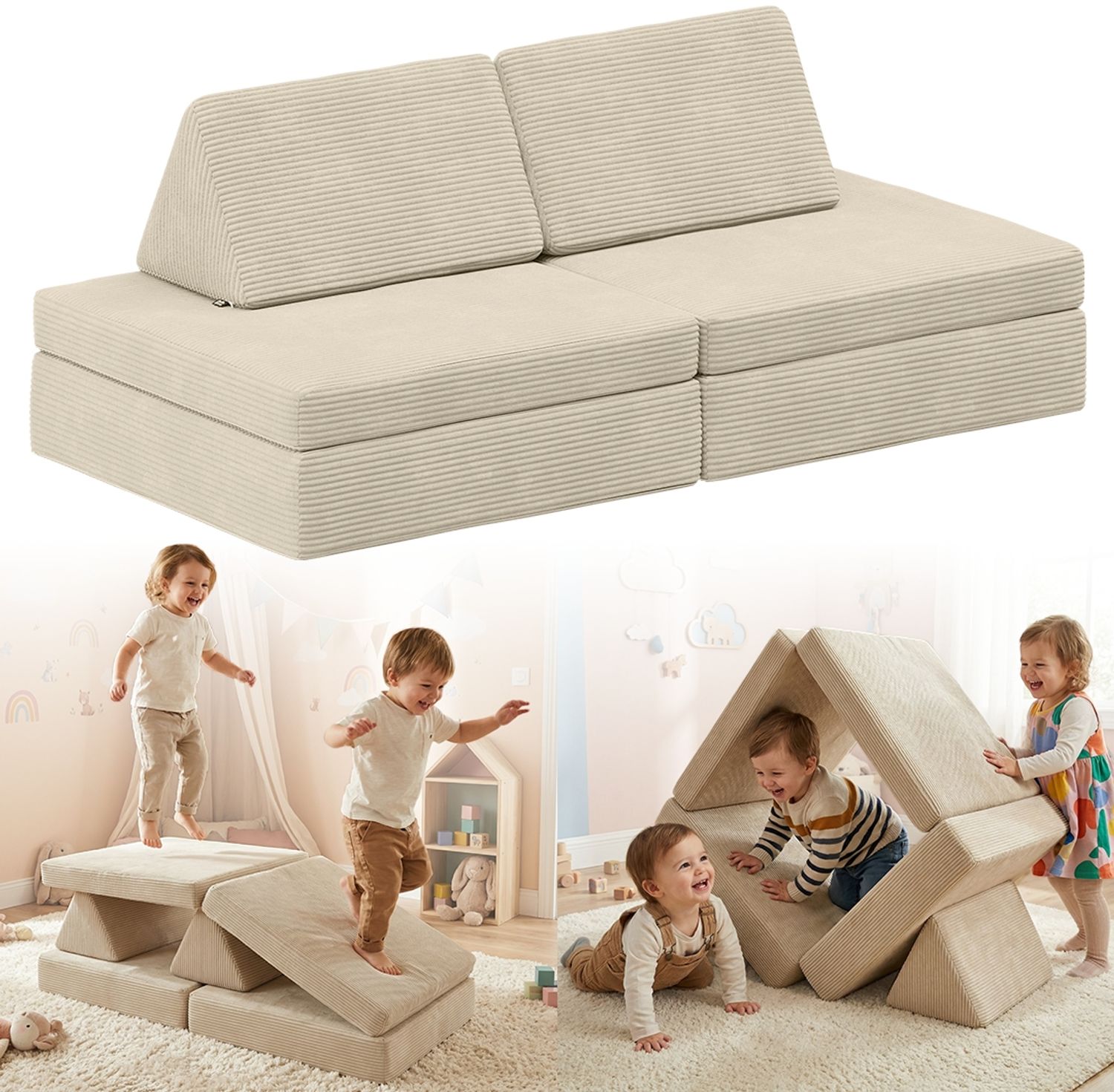 Bellabino 'Nile' Spielsofa mini, 4-tlg, Cord, beige, faltbare Kindercouch, abnehmbarer & waschbarer Bezug, Kleinkindsofa aus Schaumstoff, bis 6 Jahre Bild 1