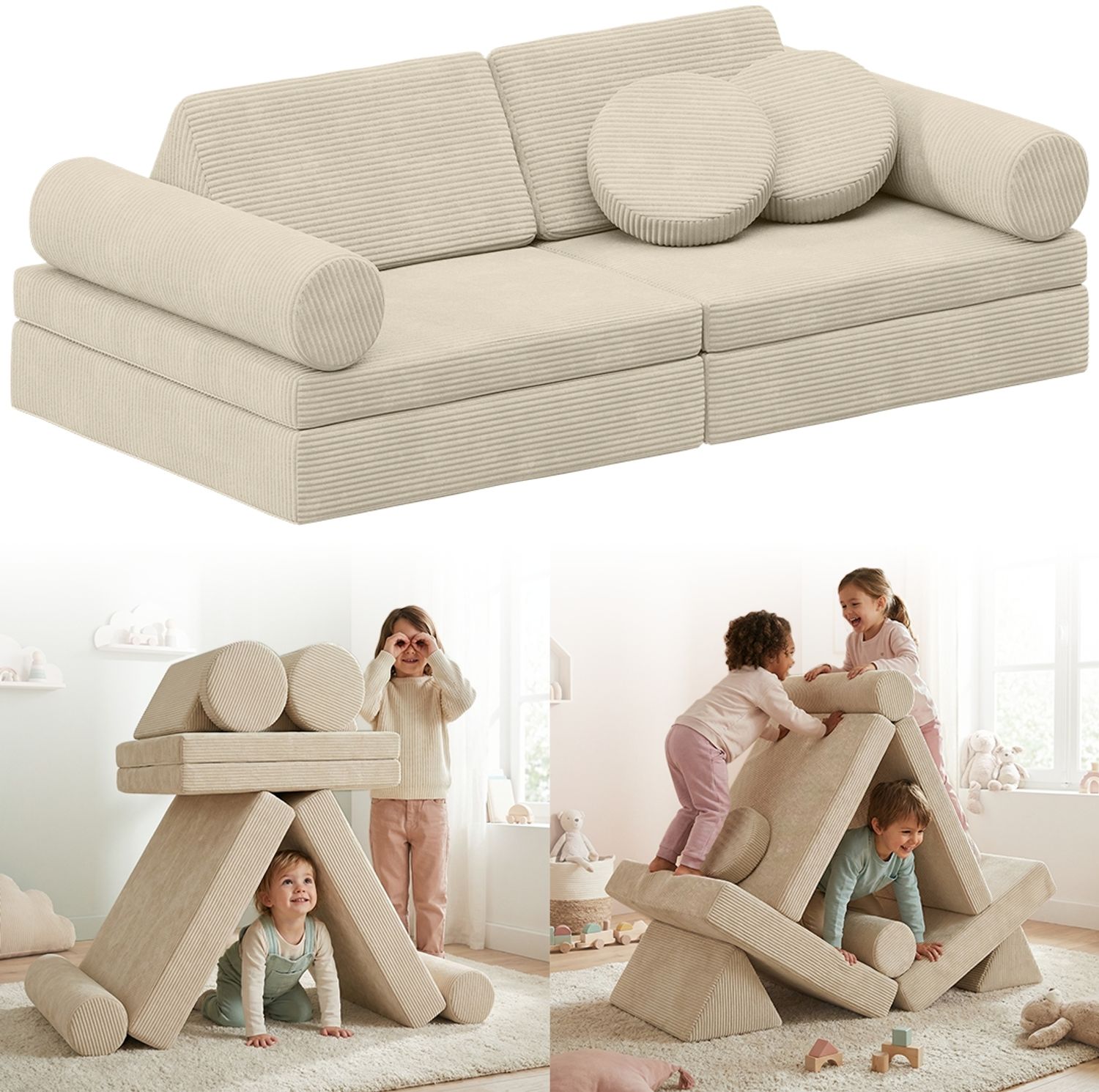 Bellabino 'Nile' Spielsofa mit Kissen und Armlehnen, 8-tlg, Cord, beige, faltbare Kindercouch, abnehmbarer & waschbarer Bezug, Kindersofa aus Schaumstoff Bild 1