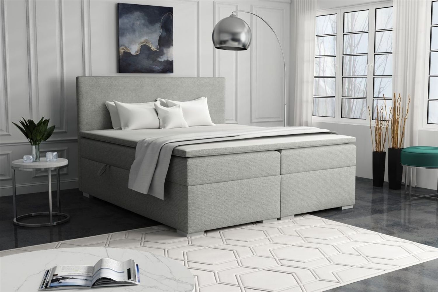 Boxspringbett Schlafzimmerbett SOREL 180x200cm Stoff Aragon Hellgrau Bild 1