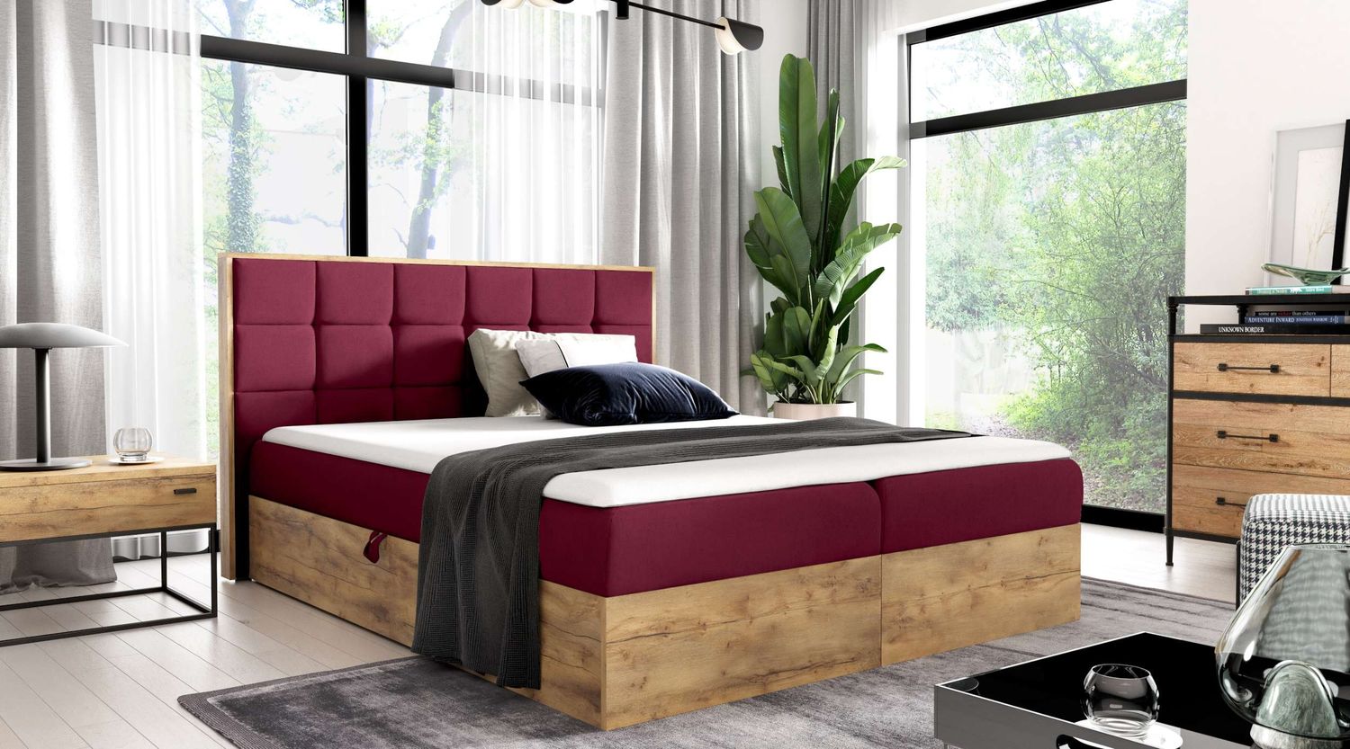 99rooms Florida Boxspringbett 140x200 cm Velours MONOLITH Bordeaux Bild 1