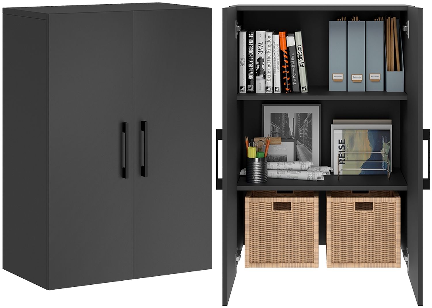 Bellamio 'Apol' Mehrzweckschrank, schwarz, 88x33x60 cm, kleiner Aktenschrank mit 3 Fächern Bild 1