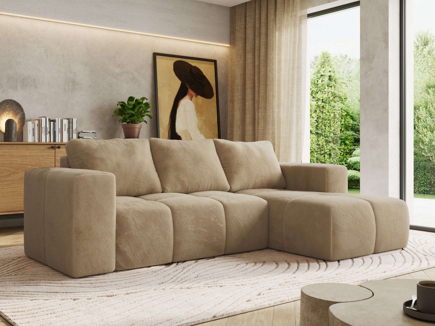 Ecksofa mit Schlaffunktion und Bettkasten, L-form Couch, lose Kissen, Polstersofa - MONIVA - Beige Plüsch - rechte Seite Bild 1