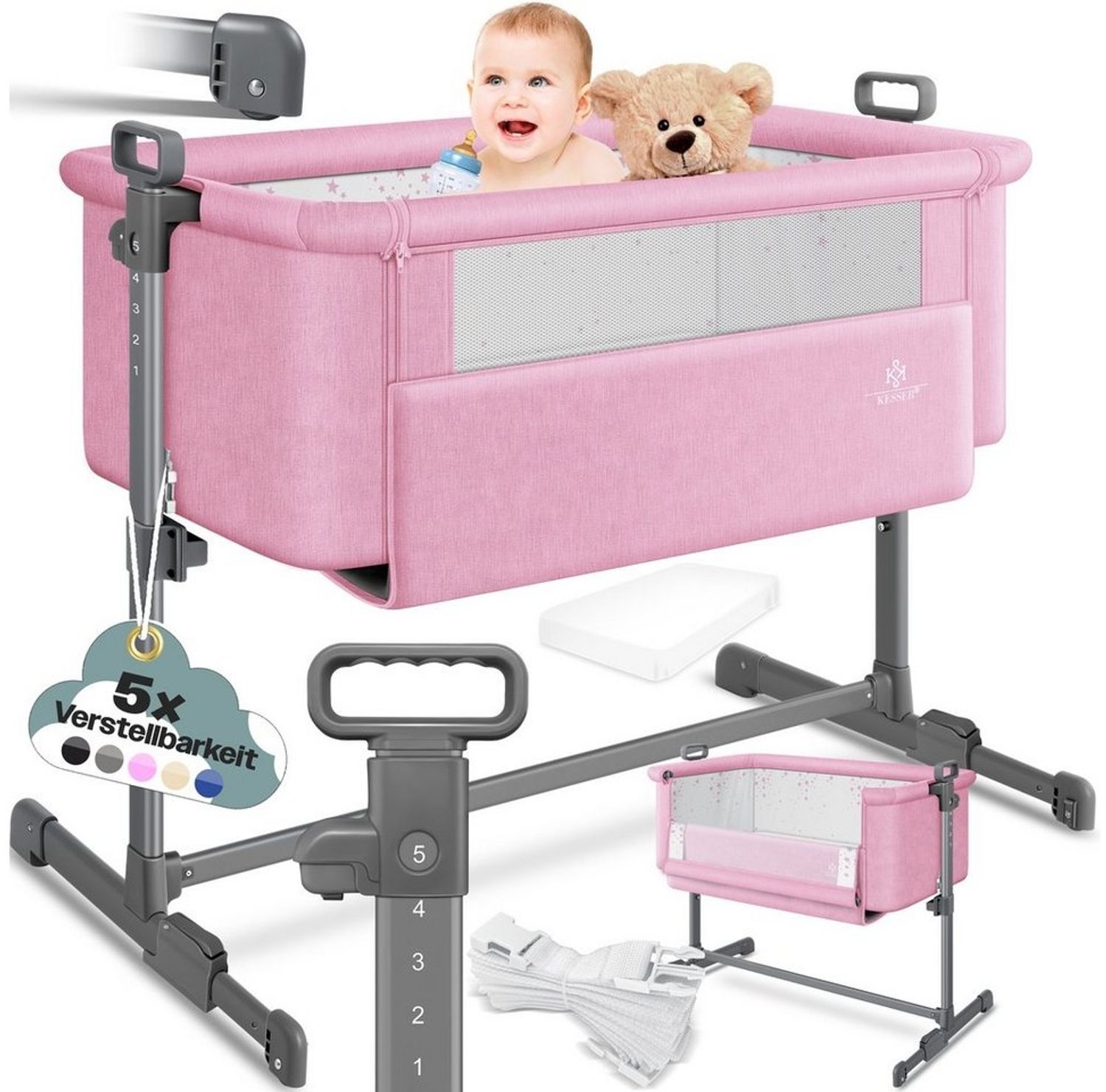 KESSER® Zustellbett Hubi 3in1 Baby Beistellbett Reisebett Babybett mit weich Matratze, mit Rollen Kinderbett, 5-fach Höhenverstellung, Faltbare Seitenwand für zu Hause und unterwegs Rosa Bild 1