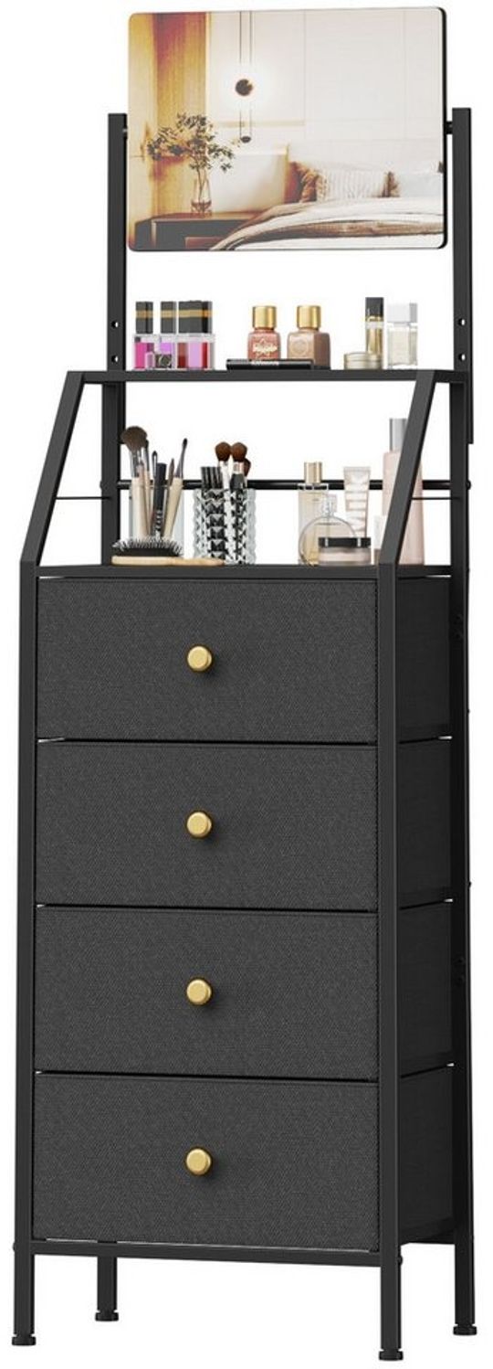 OYRREU Schubkastenkommode mit verstellbarem Spiegel, Schminkschrank, 4 Stoffschubladen (2-in-1 Spiegel-Kommode), platzsparendes Hochdesign, kippsicher Bild 1