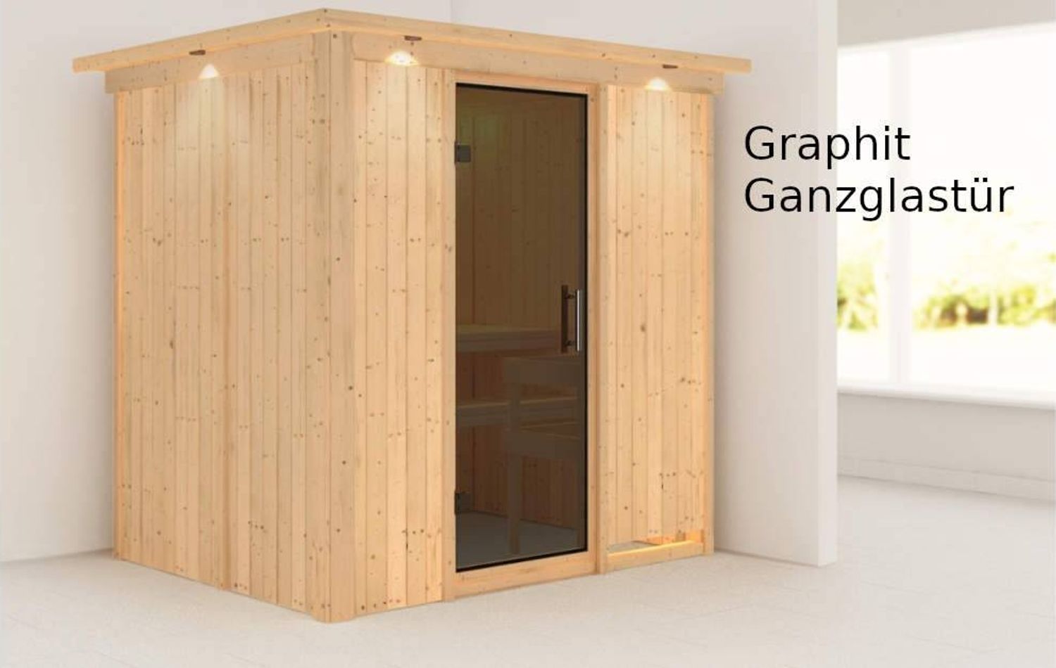 Karibu Sauna Bodin mit Dachkranz ohne Ofen Graphit-Ganzglastür Bild 1
