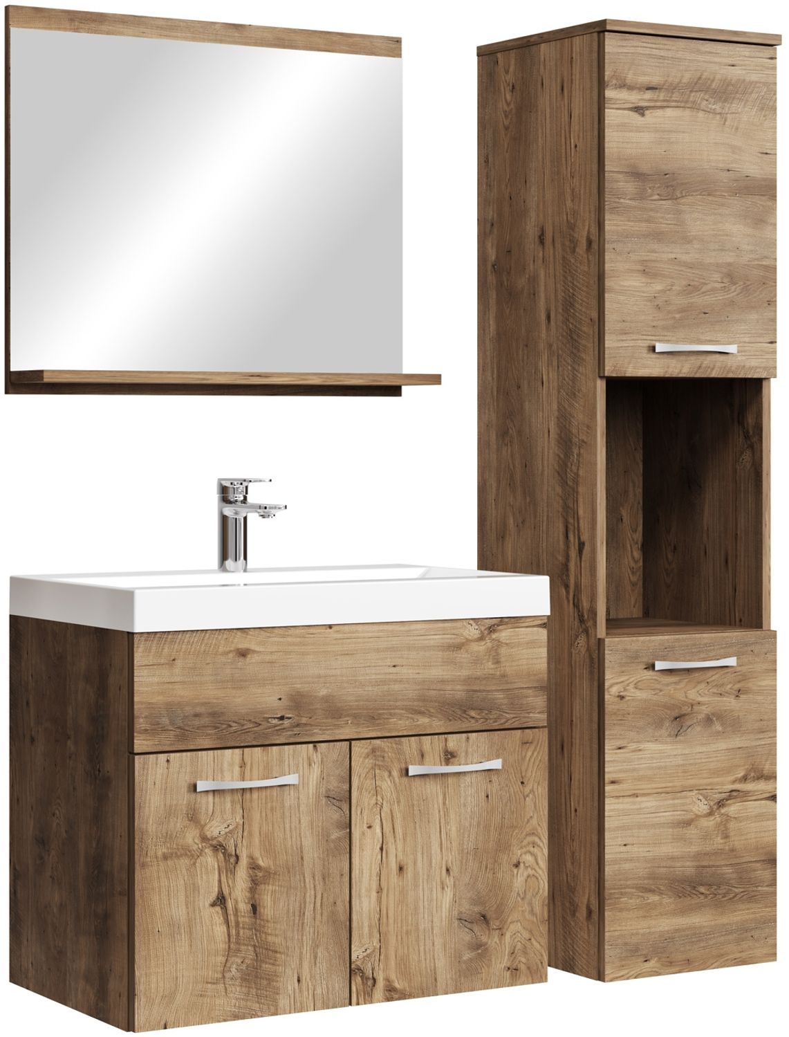 Badplaats Badmöbel Komplettset Montreal 60 x 35 cm Braun Eiche - Badezimmermöbel mit Waschbecken, Spiegel und Badezimmerschrank Bild 1