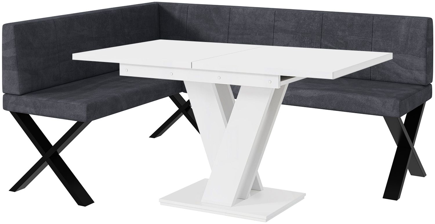MEBLINI Eckbank für Esszimmer mit ausziehbarem Tisch - Küchenbank - Essecke - Sitzecke Küche - PETER - X-Beine 128x168x87cm Links - Dunkelgrau Samt/M Weiß Matt Bild 1