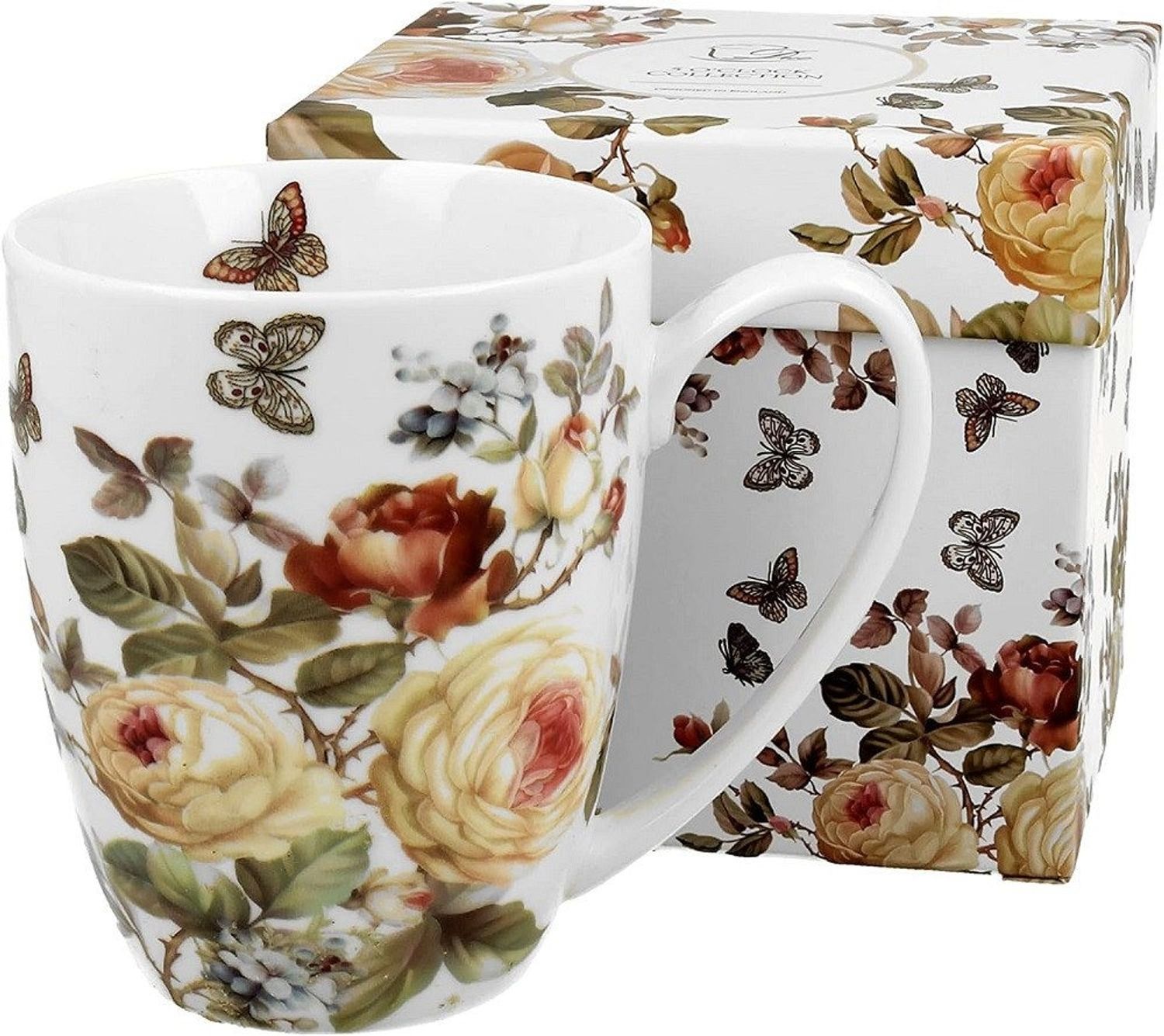 Duo-Gift Becher Porzellan Sommer, Tieren, Vogel, Blumen. Planzen Motiv, 1-tlg, Porzellan Tass ca Rosen. 350 ml Vintage Blumen Zahra Weiß Blumen, Sommer Kollektion, DUO Porzellankollektion, Suovenir, Ideal als Geschenk, Dekoration Bild 1