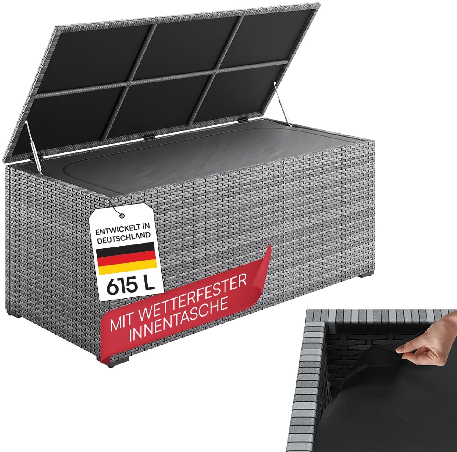 STEELSØN 'Serion' XXL Polyrattan Aufbewahrungsbox 615 Liter, grau-meliert, 155x73x61 cm, wetterfest, Auflagenbox mit Innentasche Bild 1