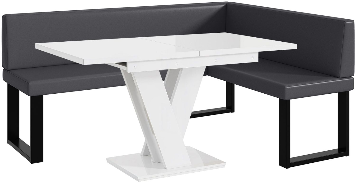 MEBLINI Eckbank für Esszimmer mit ausziehbarem Tisch - Küchenbank - Essecke - Sitzecke Küche - TONI - U-Beine 128x168x87cm Rechts - Grau Kunstleder/M Weiß Hochgl. Bild 1