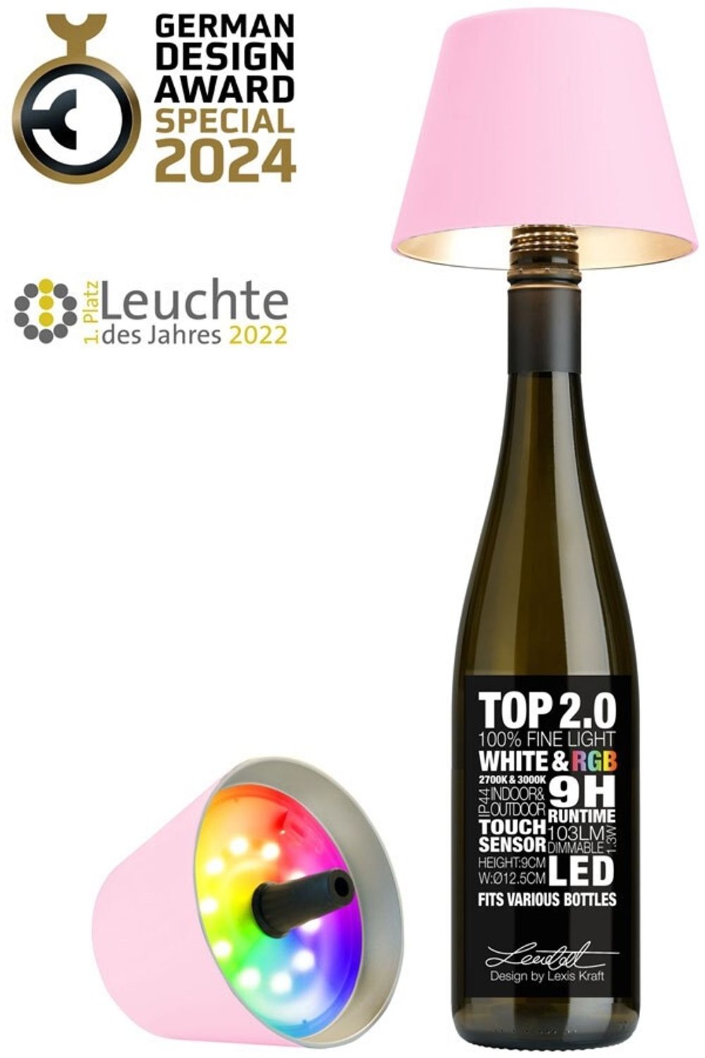 Sompex Flaschenleuchte TOP 2.0 Rosa LED RGBW mit Akku Bild 1