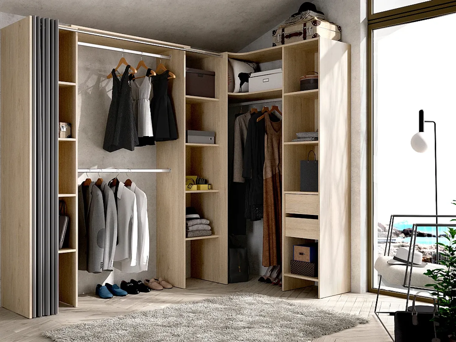 Vente-unique - DORIAN Wardrobe and walk-in wardrobe Holz, Platte Beige - B 141 cm x H 205 cm x L 164 cm234 cm Bild 1