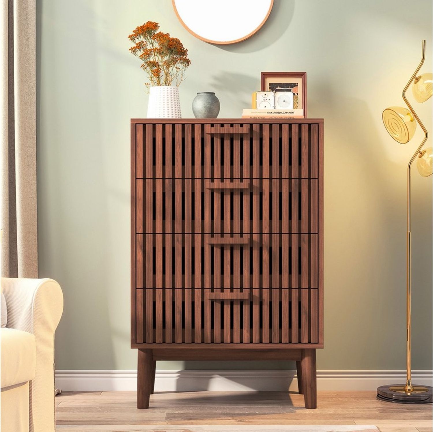 FUROKOY Sideboard Kommode Holz Küchenschrank, Buffetschrank mit 4 Schubladen,Walnussholzfarbe Bild 1