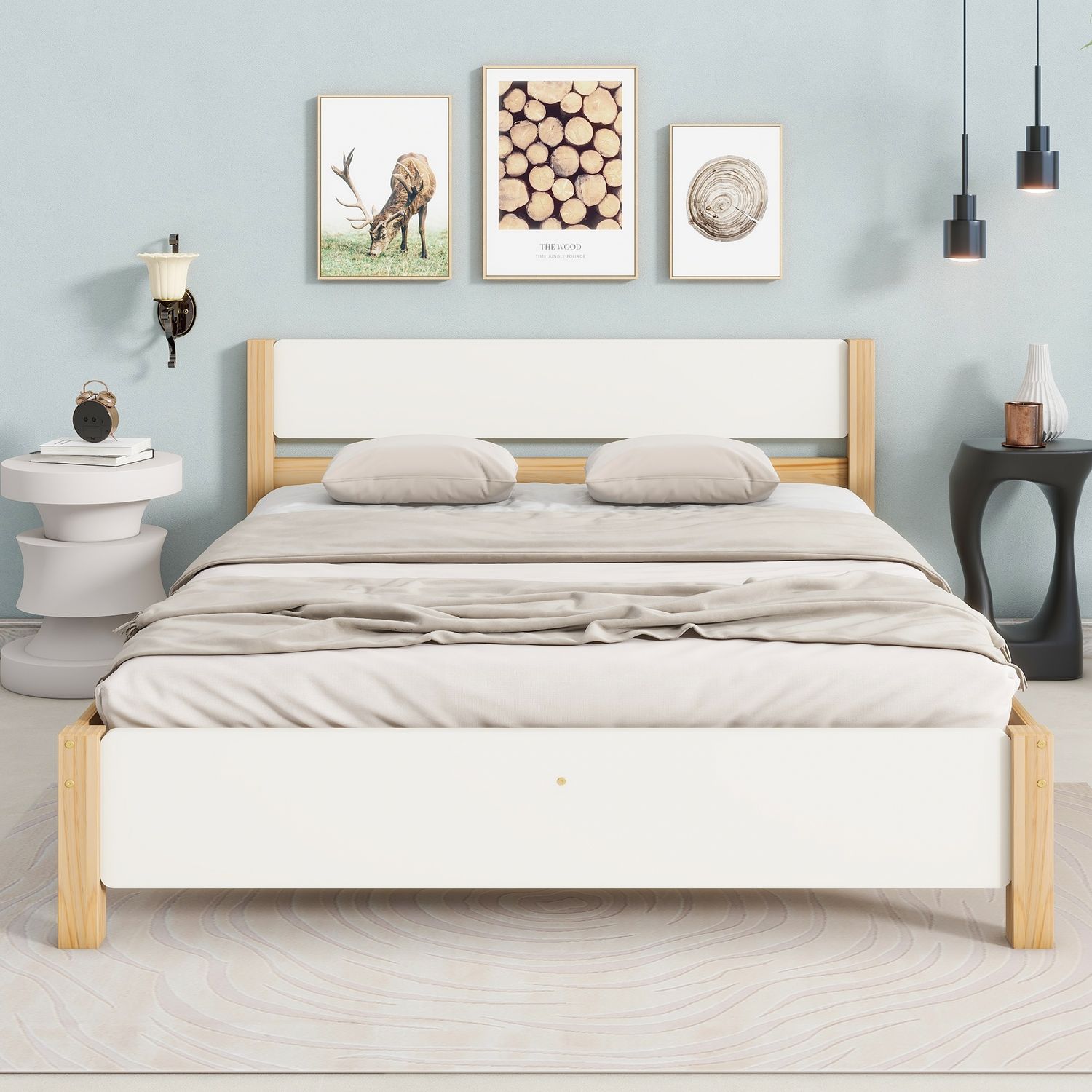 Doppelbett, Holzbett, Kiefernholzrahmen mit Mittelfu?, Jugendbett, Erwachsenenbett, mit Kopf- und Fu?teil aus MDF, Wei? + Natur, 140x200 cm Bild 1