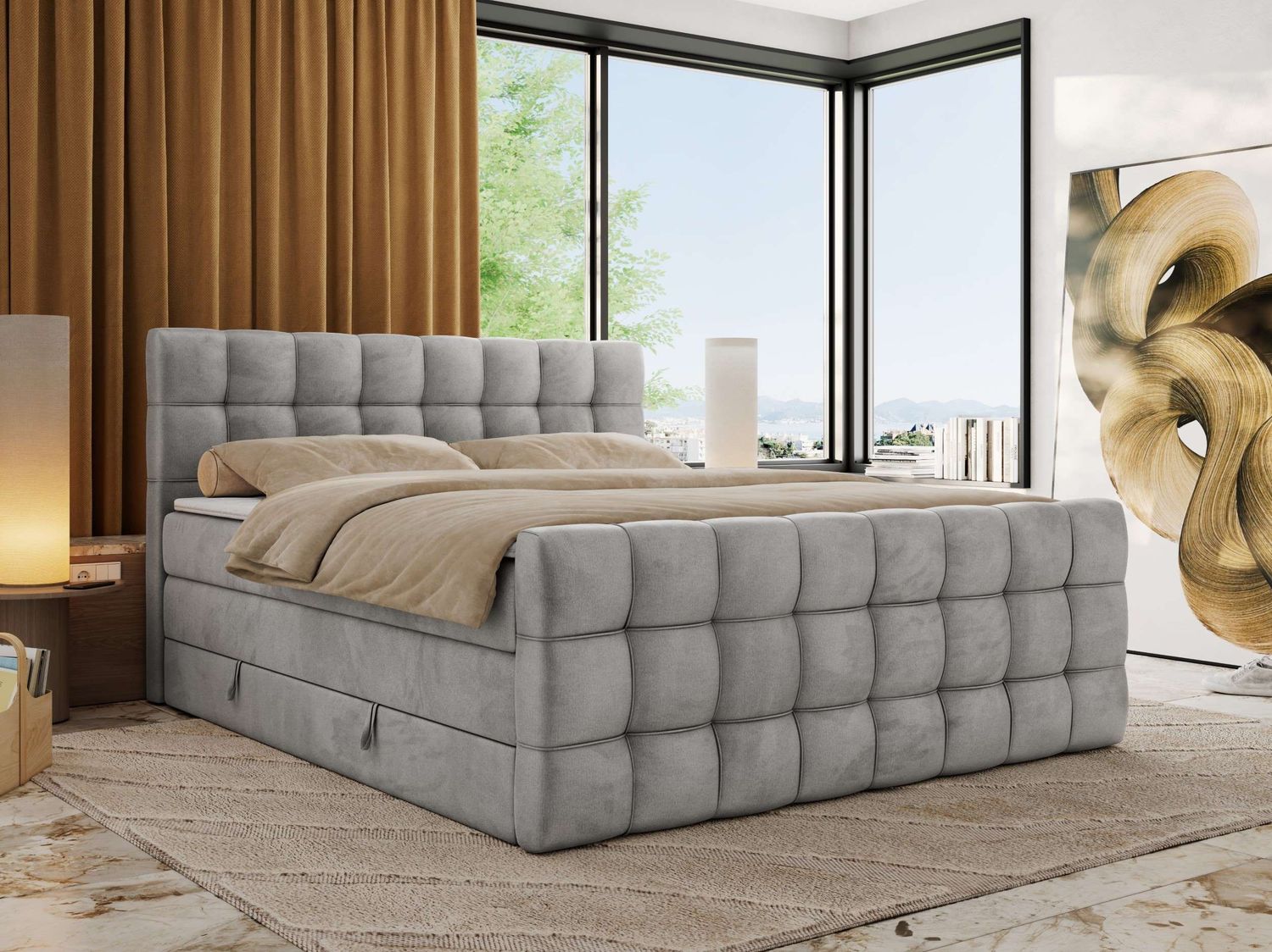 Boxspringbett ALTIVO KING DUO, Doppelbett mit Stauraum Multipocket-Matratze und Topper Bett mit Kopfteil, Fußteil - 140 x 200 cm - Hellgrau Velvet - H4 Bild 1