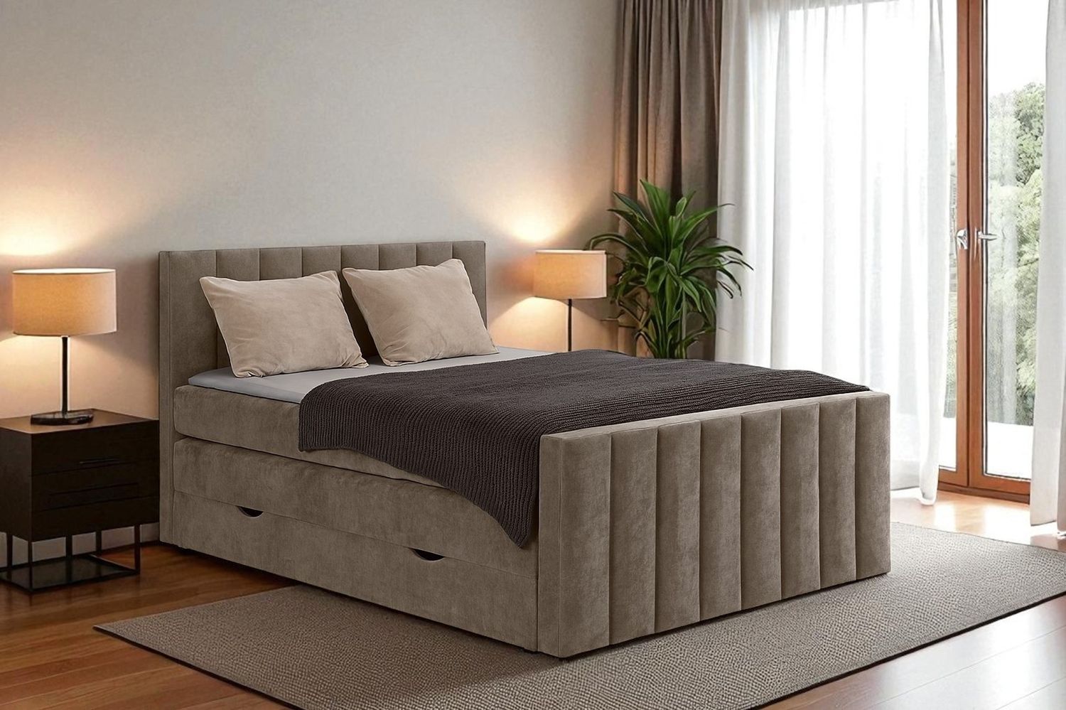 MEBLINI King Boxspringbett VARANO 120x200 cm mit Bettkasten – H4/Hellbraun Samt Polsterbett - Gepolstert Doppelbett mit Matratze und Topper - Polsterbett mit Stauraum - Bett mit Kopfteil – Stauraumbett Bild 1