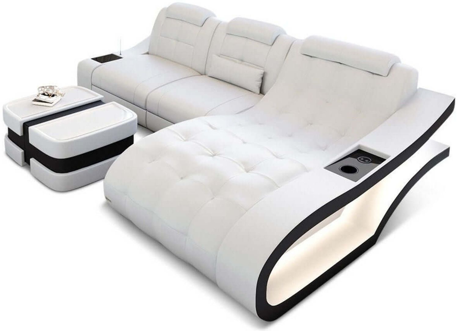 Mini Ecksofa Elegante L-Form Leder - Echtleder - weiß-schwarz - Rechts Bild 1